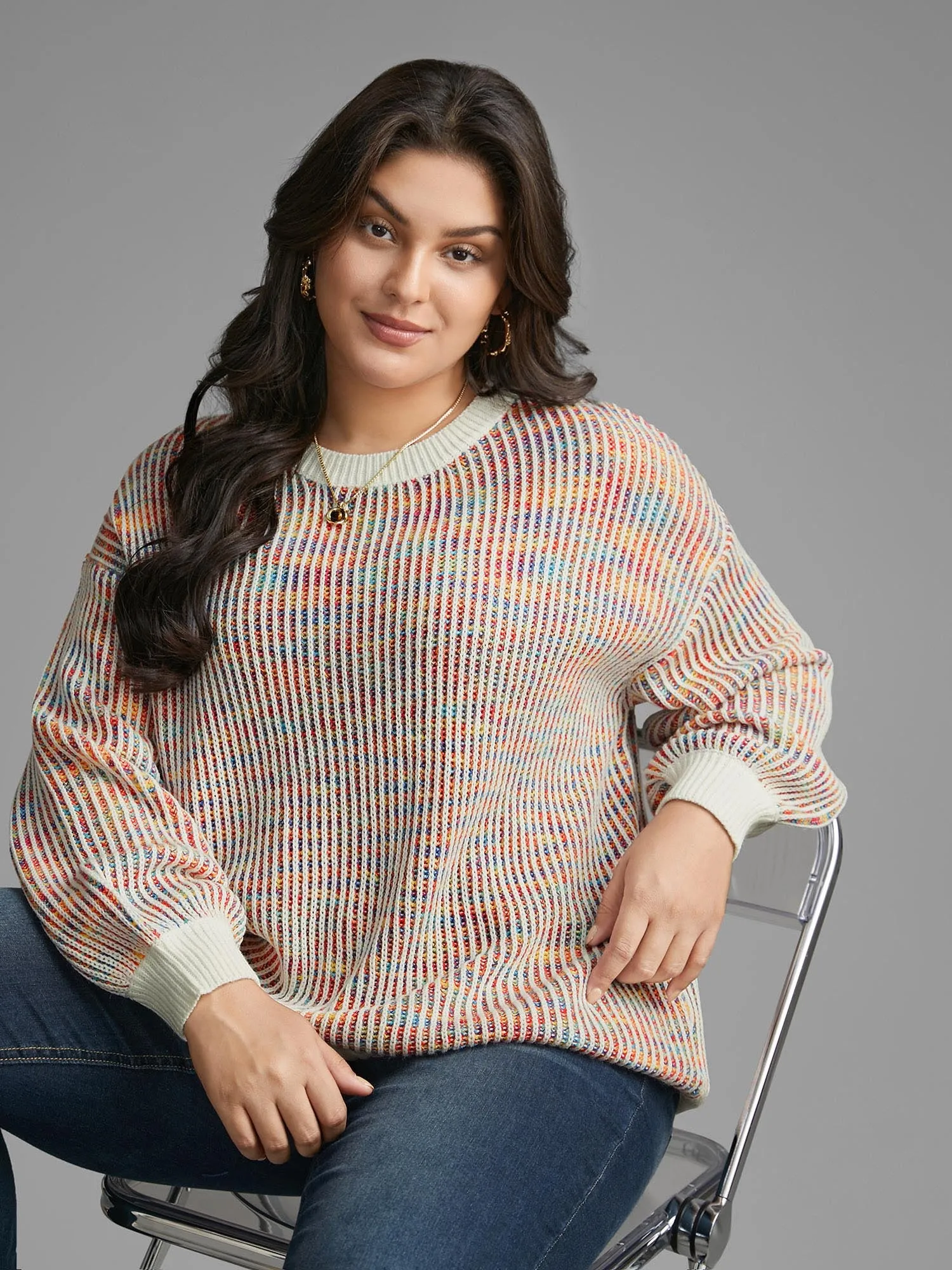 Round Neck Texture Contrast Heather Pullover sold by Bloomchic