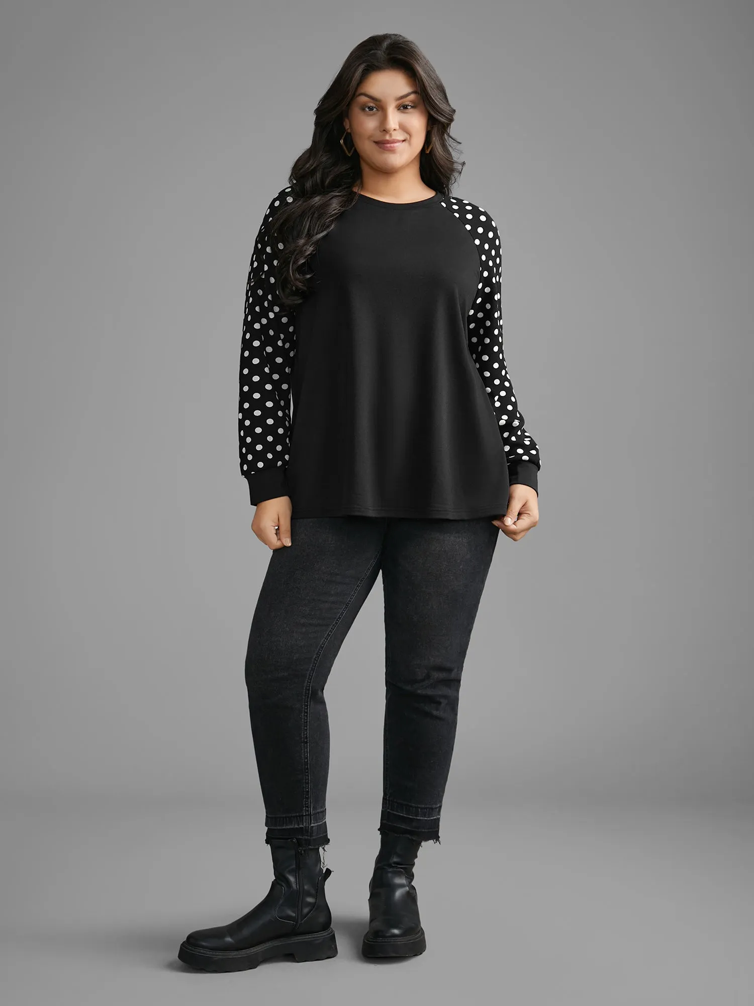 Polka Dot Patchwork Raglan Sleeve Sweatshirt sold by Bloomchic product image thumbnail 3