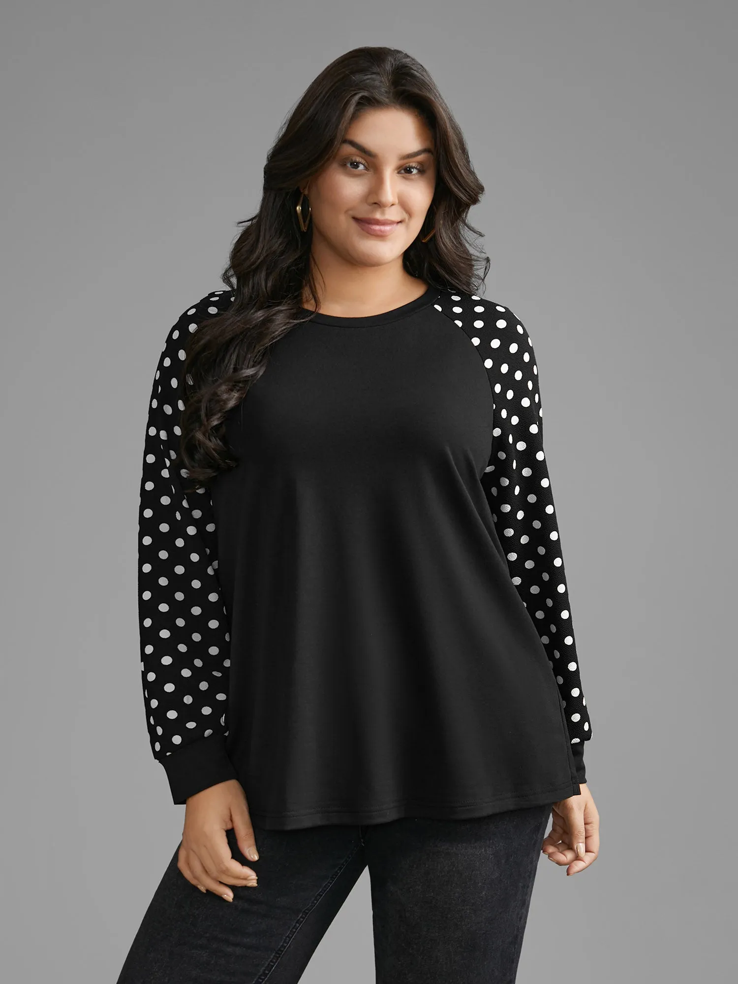 Polka Dot Patchwork Raglan Sleeve Sweatshirt sold by Bloomchic
