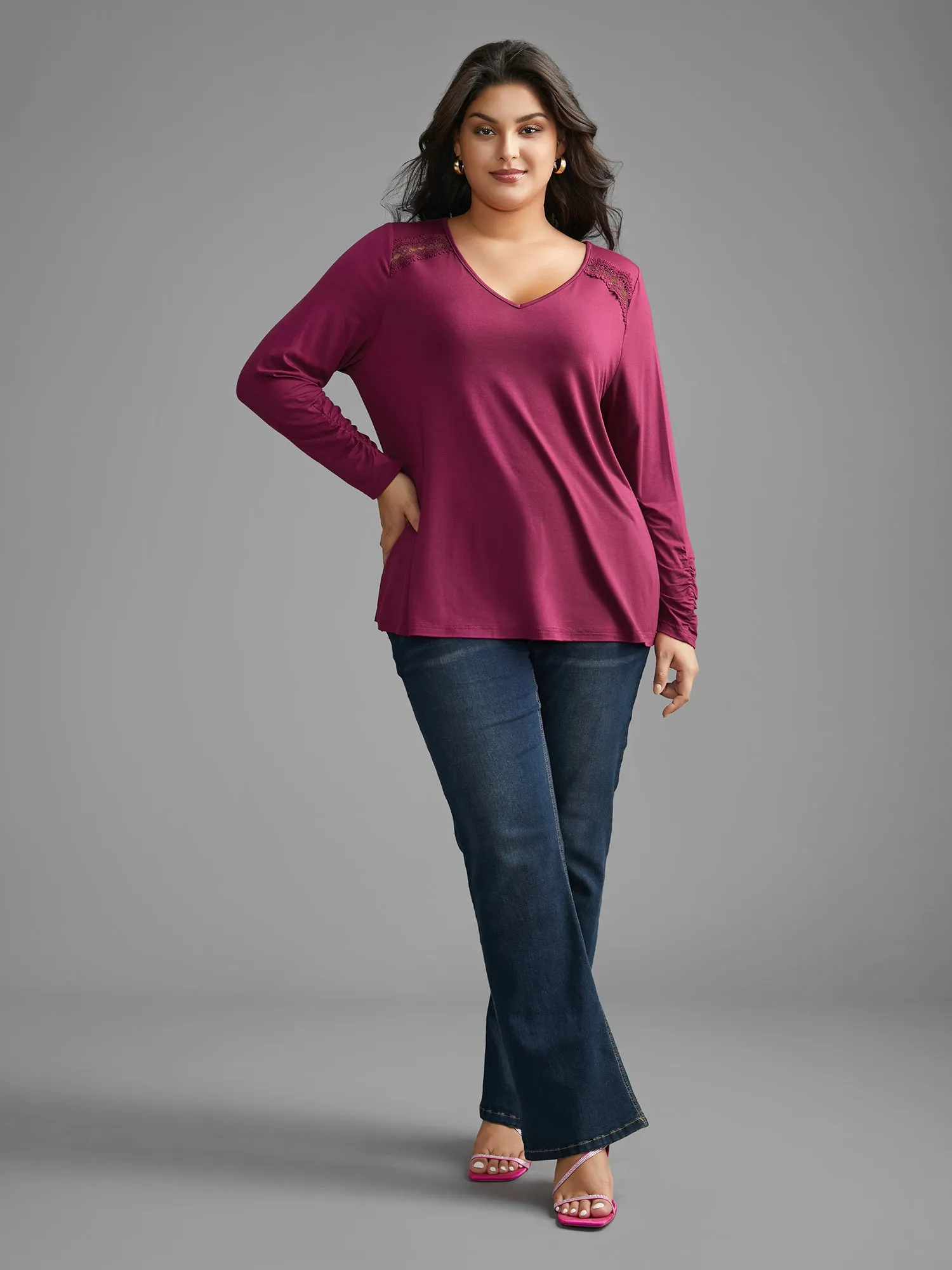 Solid V Neck Lace Patchwork T-shirt sold by Bloomchic product image thumbnail 4