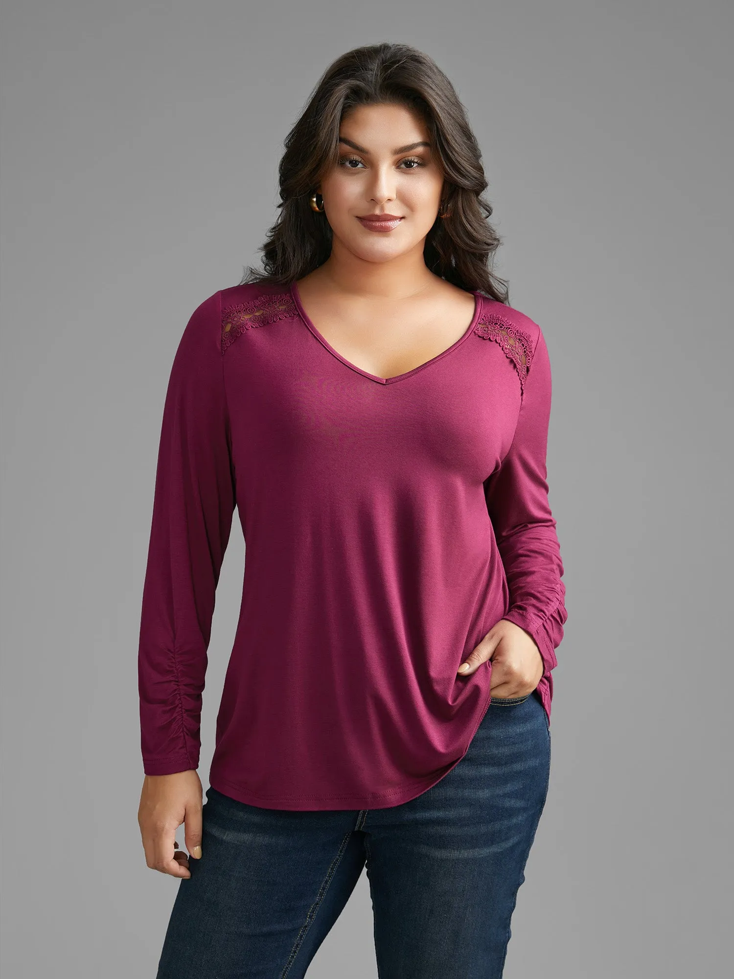 Solid V Neck Lace Patchwork T-shirt sold by Bloomchic product image thumbnail 3