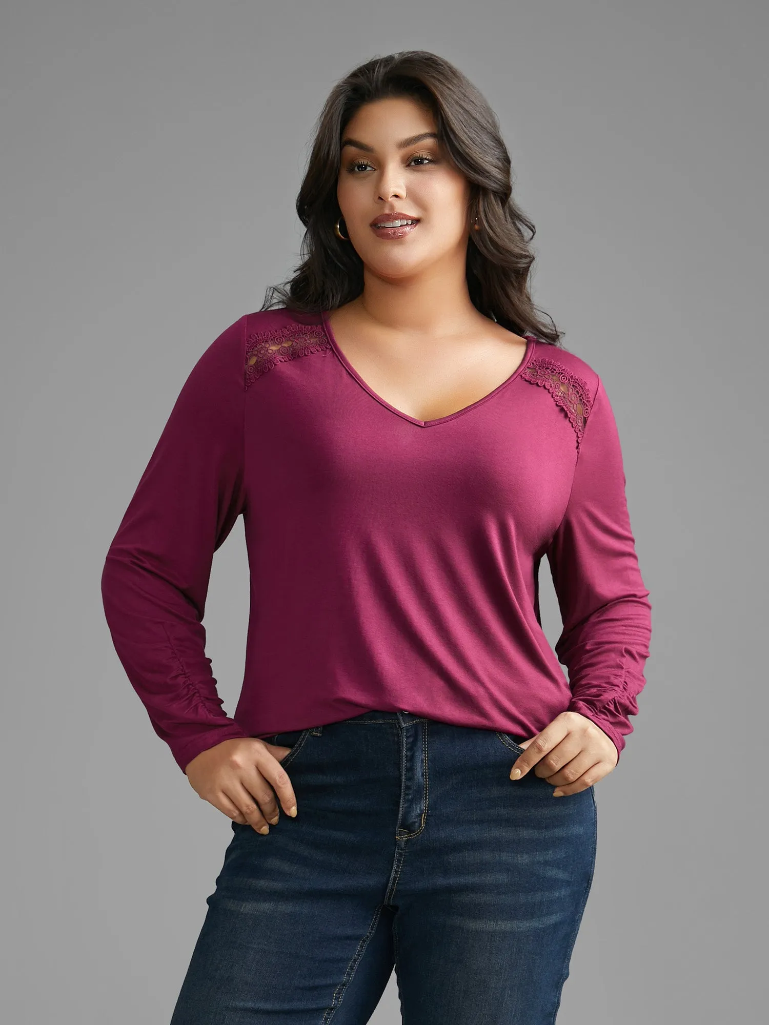 Solid V Neck Lace Patchwork T-shirt sold by Bloomchic product image thumbnail 2