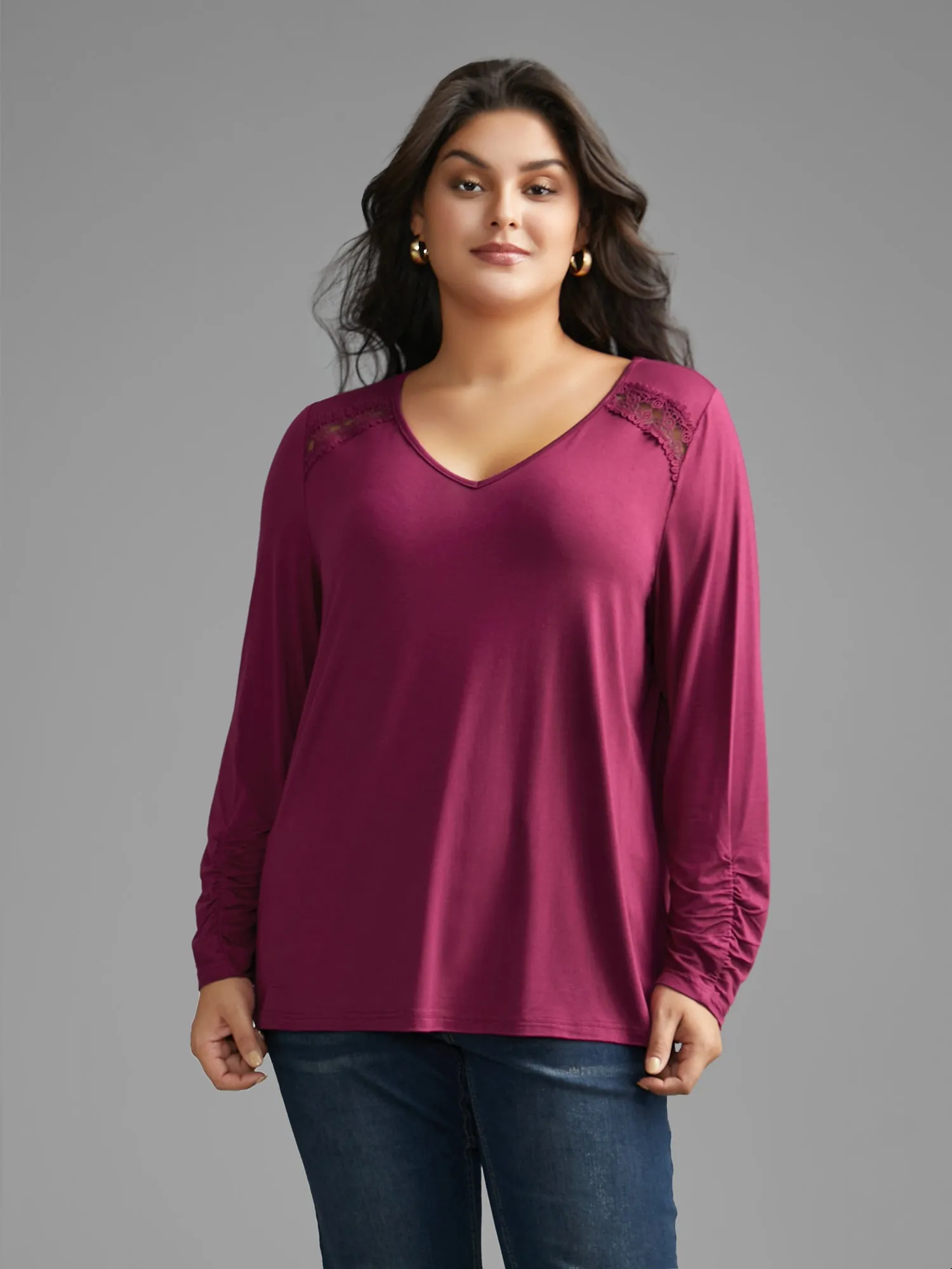 Solid V Neck Lace Patchwork T-shirt sold by Bloomchic