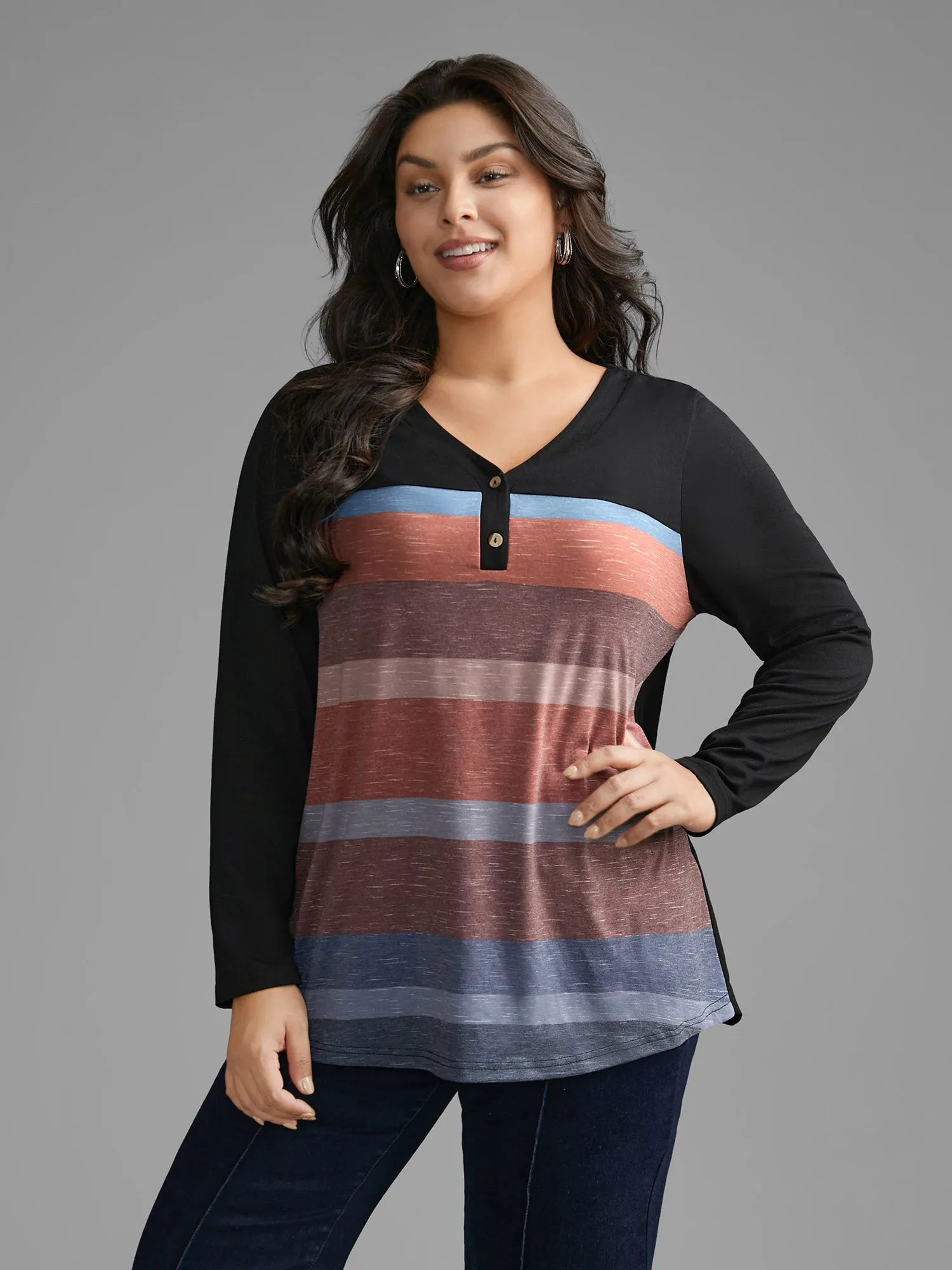 V Neck Colorblock Contrast Button Up T-shirt sold by Bloomchic