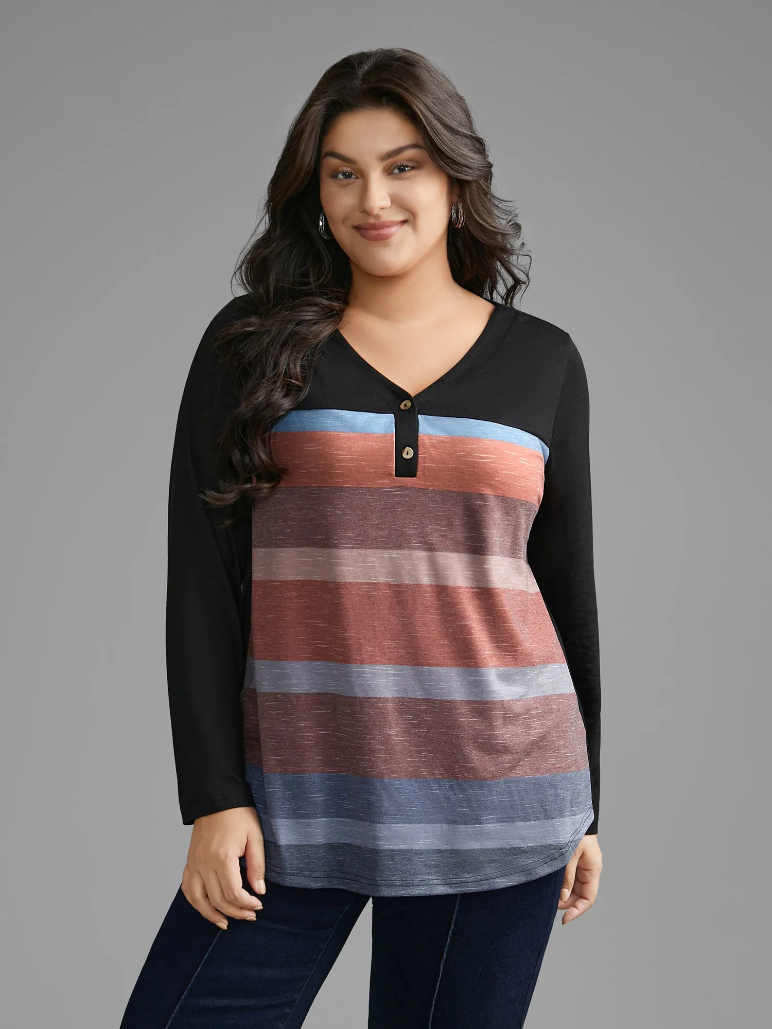 V Neck Colorblock Contrast Button Up T-shirt sold by Bloomchic product image thumbnail 2