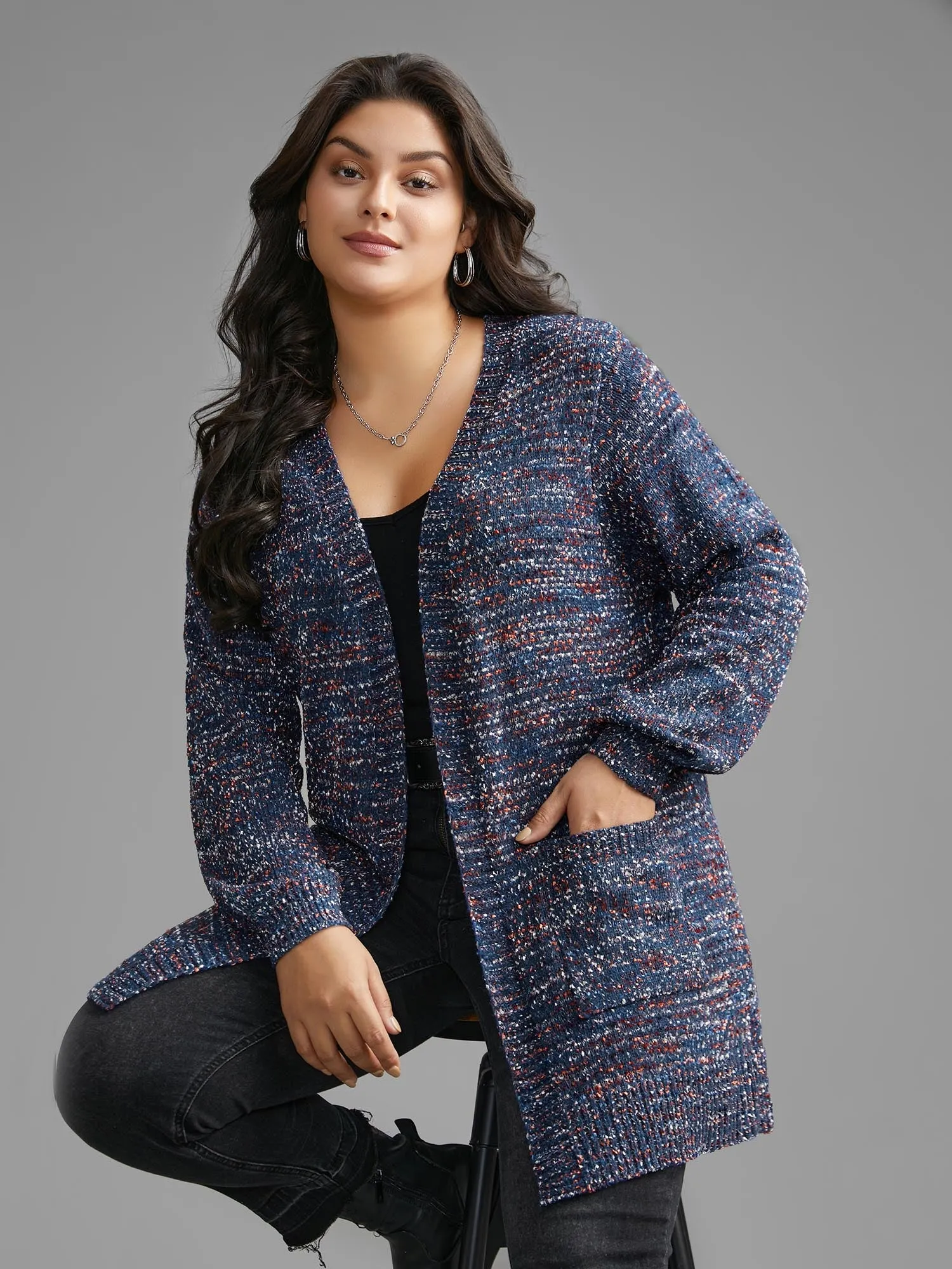Contrast Heather Texture Patch Pocket Cardigan sold by Bloomchic