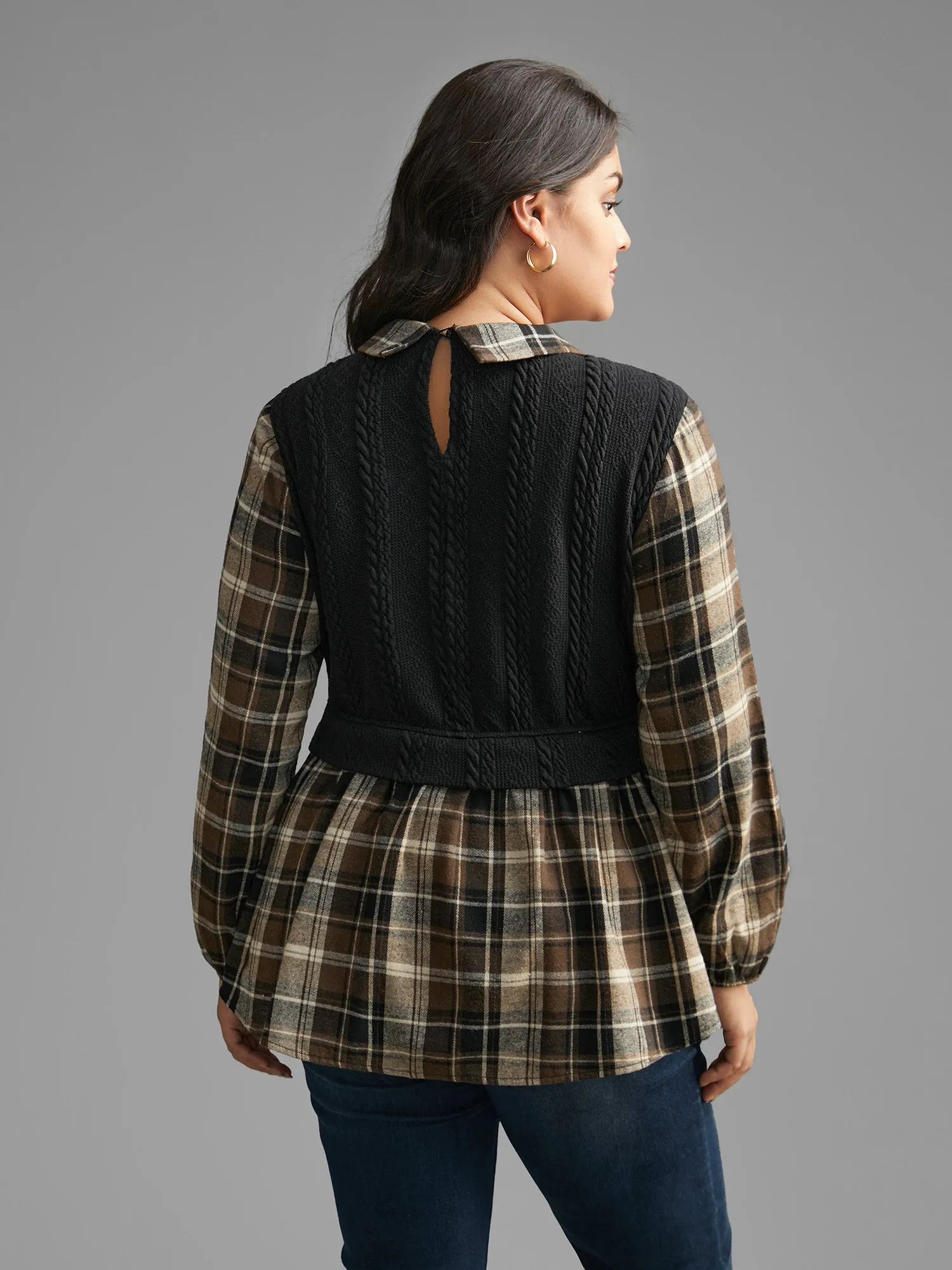 Plaid Patchwork Texture Lantern Sleeve Blouse sold by Bloomchic product image thumbnail 4