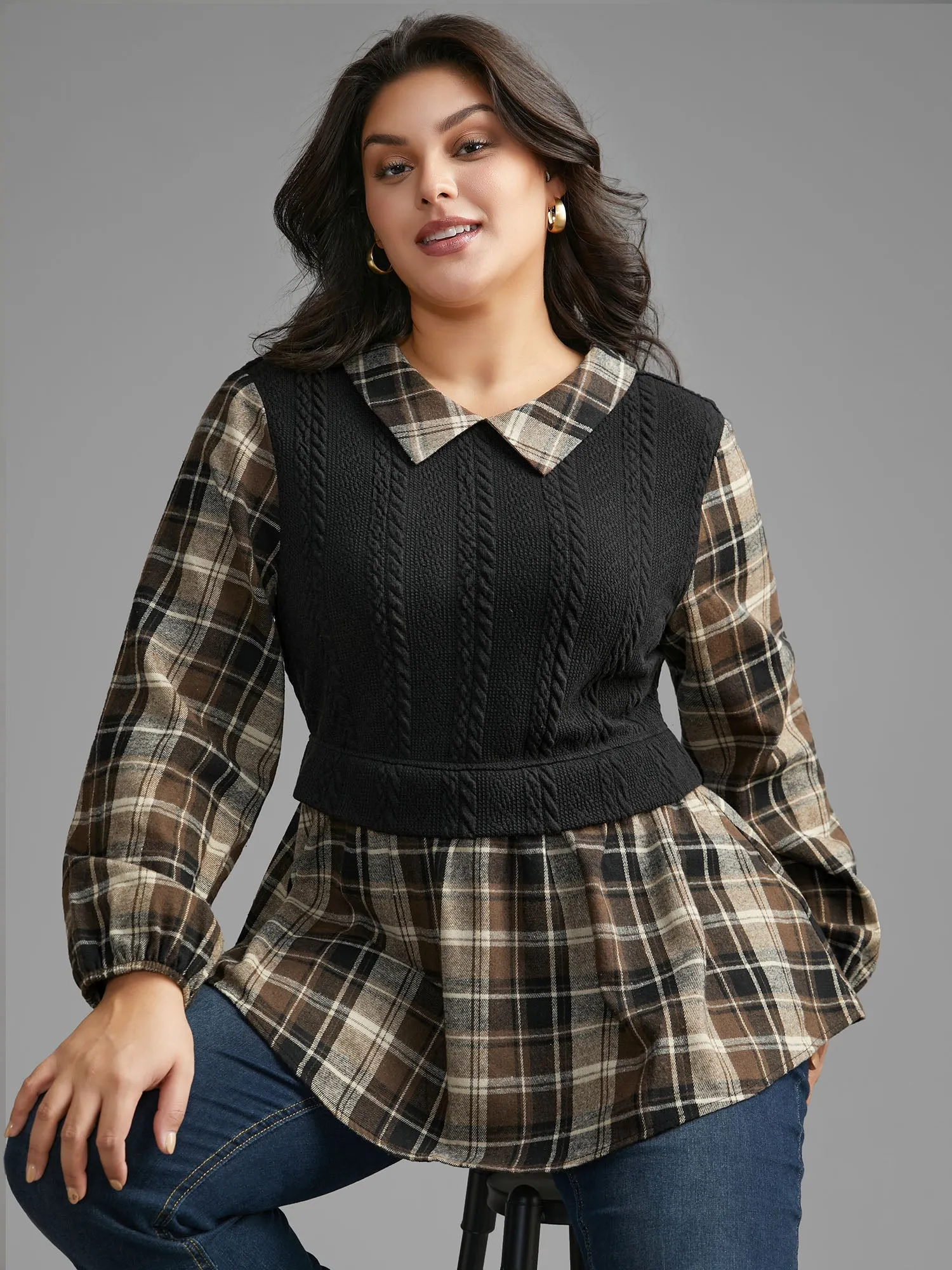 Plaid Patchwork Texture Lantern Sleeve Blouse sold by Bloomchic product image thumbnail 3