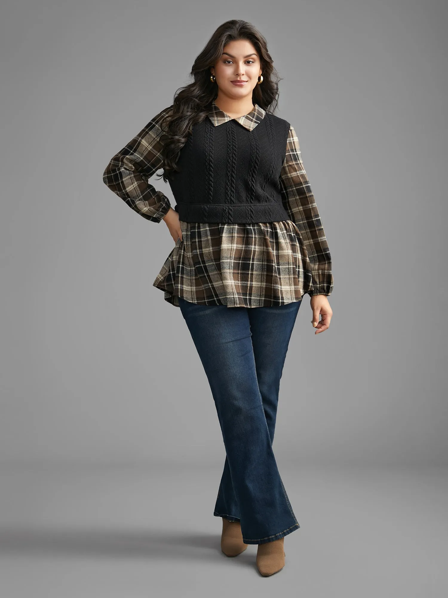 Plaid Patchwork Texture Lantern Sleeve Blouse sold by Bloomchic product image thumbnail 2