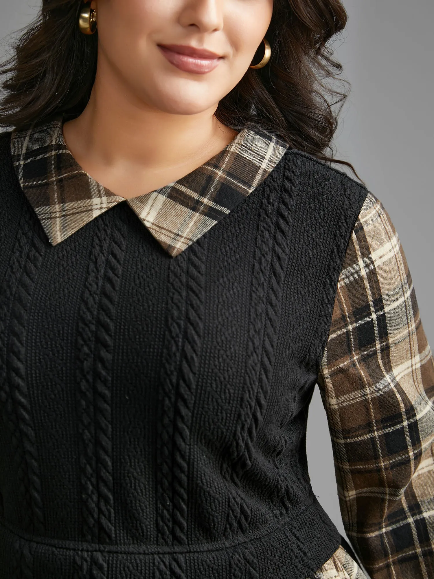 Plaid Patchwork Texture Lantern Sleeve Blouse sold by Bloomchic product image thumbnail 5