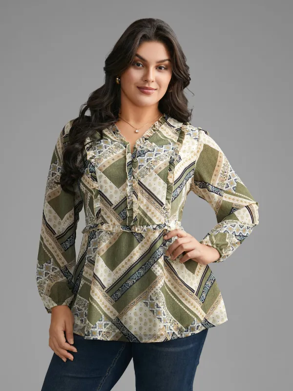 Bandana Print V Neck Ruffle Trim Blouse sold by Bloomchic