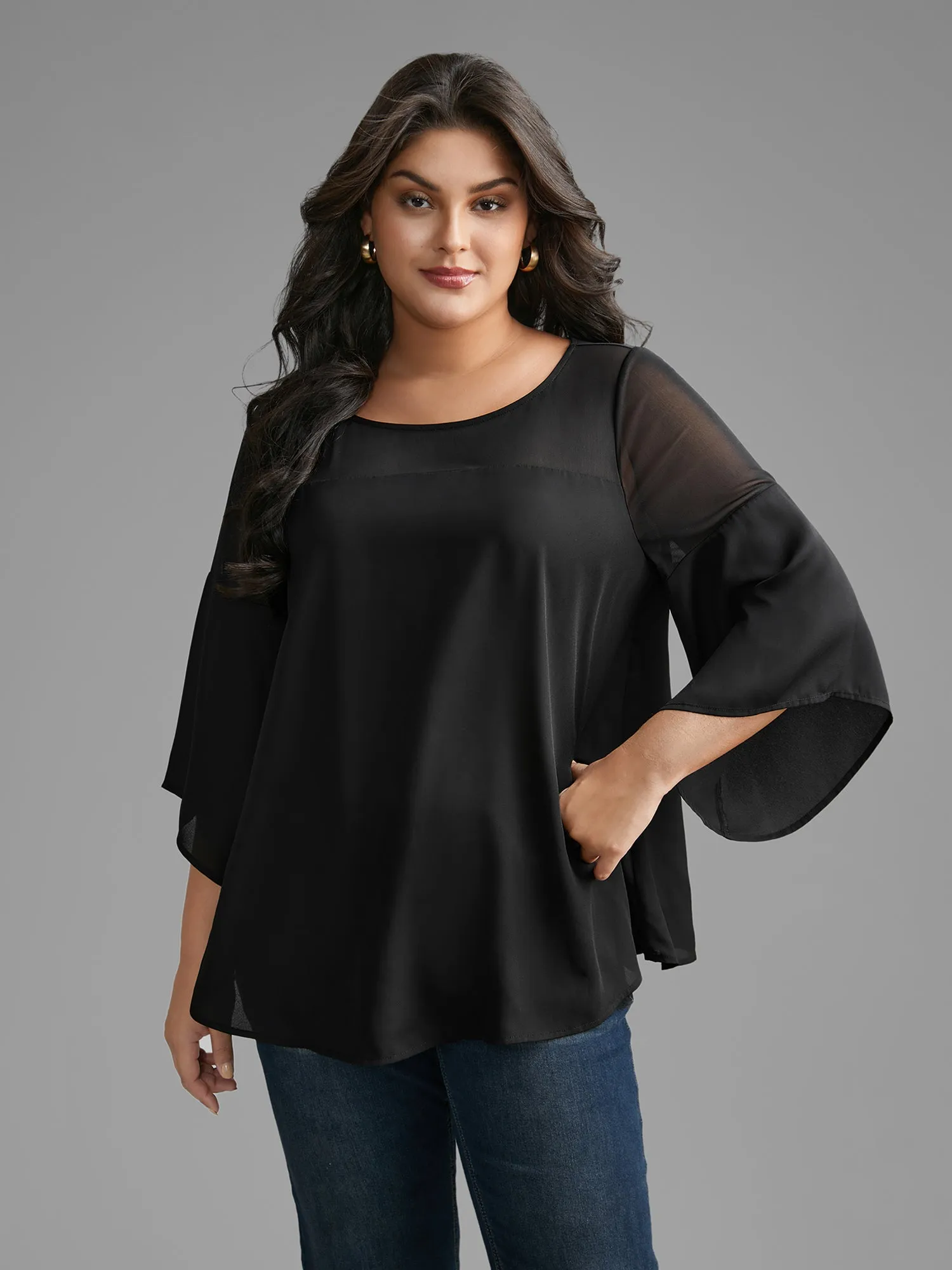 Crew Neck Mesh Patchwork Bell Sleeve Blouse sold by Bloomchic product image thumbnail 4