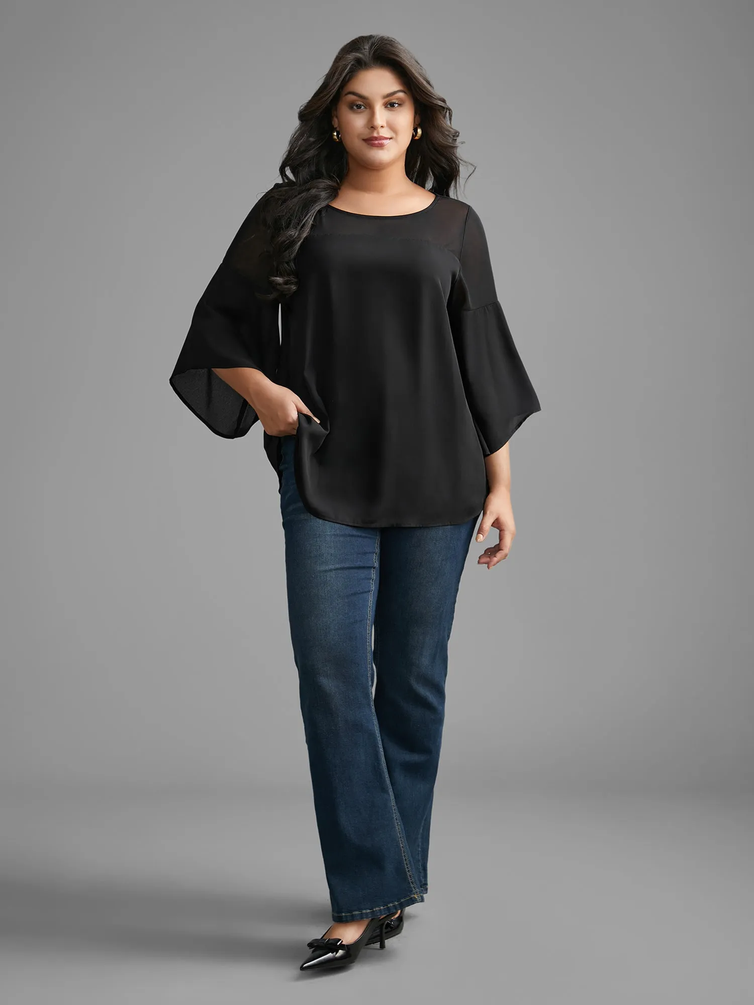 Crew Neck Mesh Patchwork Bell Sleeve Blouse sold by Bloomchic product image thumbnail 2