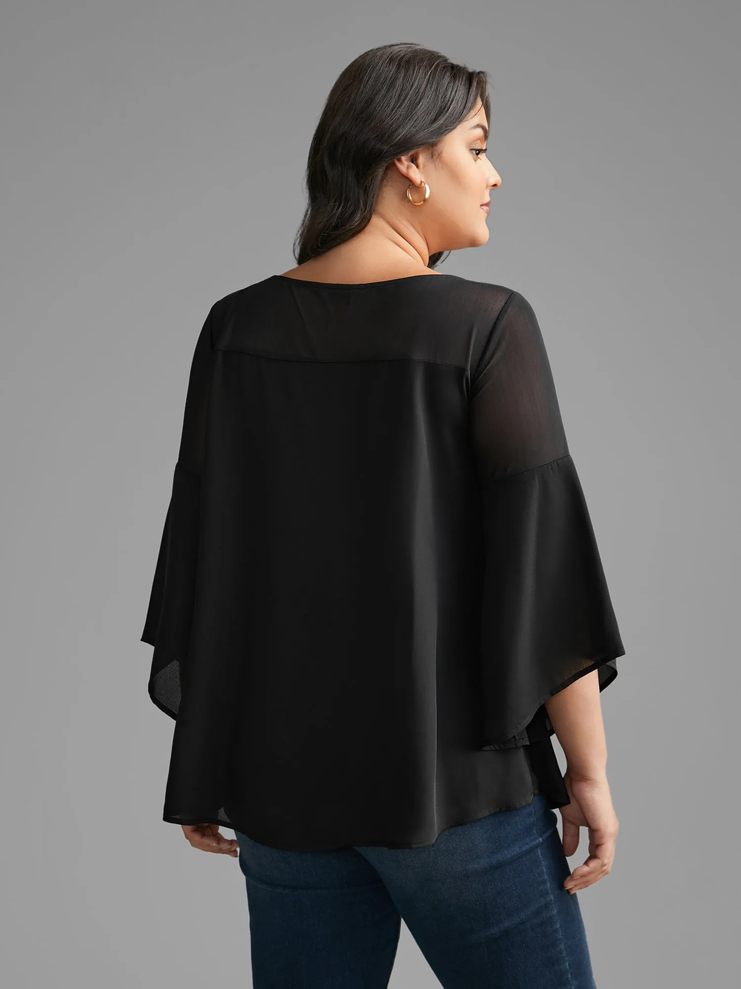 Crew Neck Mesh Patchwork Bell Sleeve Blouse sold by Bloomchic product image thumbnail 5