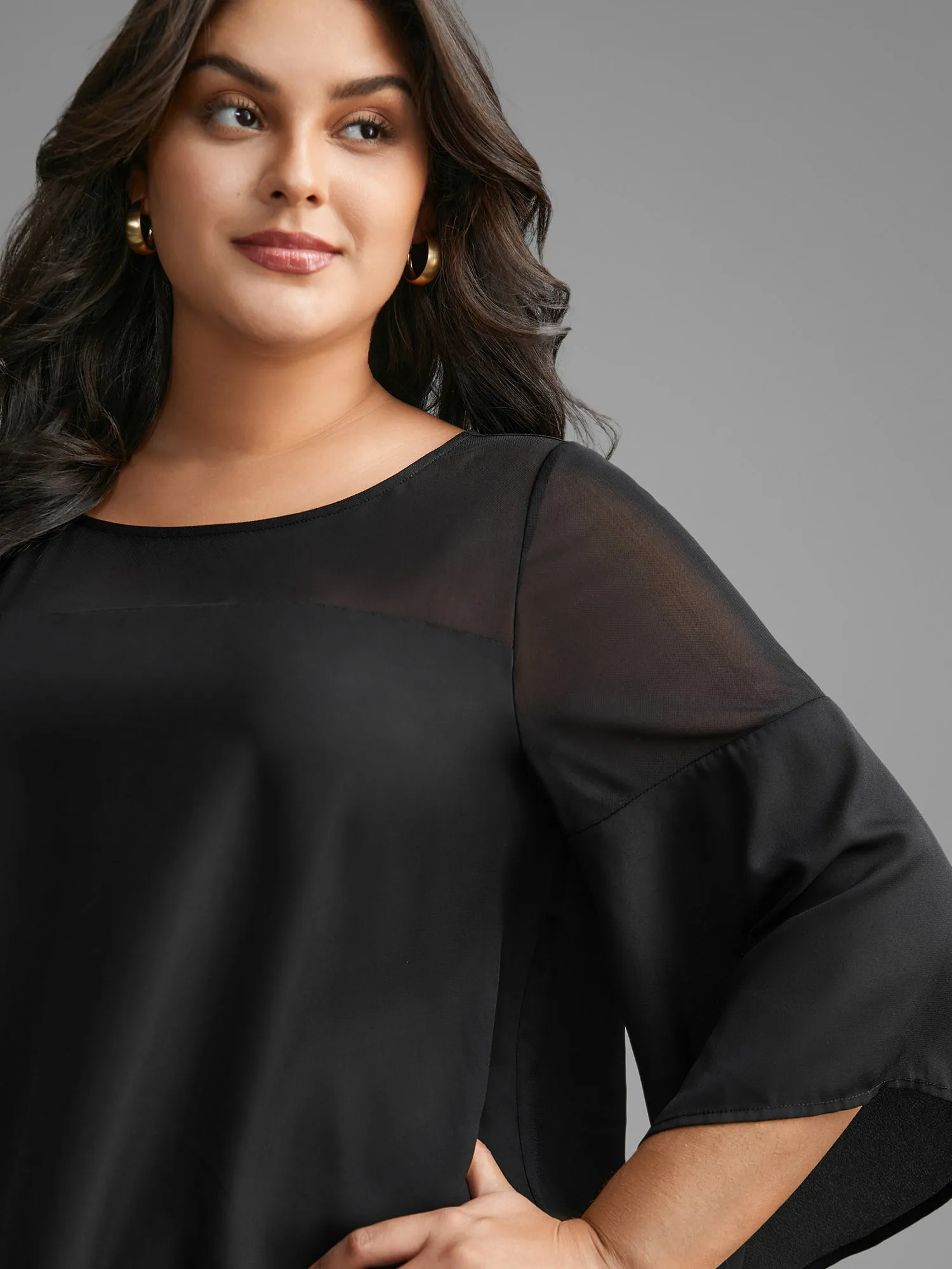 Crew Neck Mesh Patchwork Bell Sleeve Blouse sold by Bloomchic product image thumbnail 3