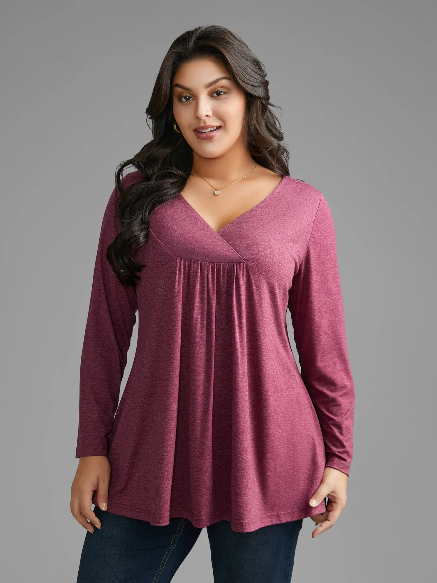 Overlap Collar Solid Gathered Jersey Top sold by Bloomchic