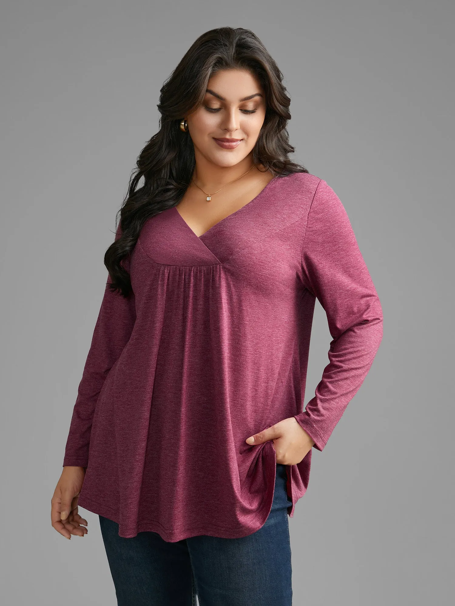 Overlap Collar Solid Gathered Jersey Top sold by Bloomchic product image thumbnail 3