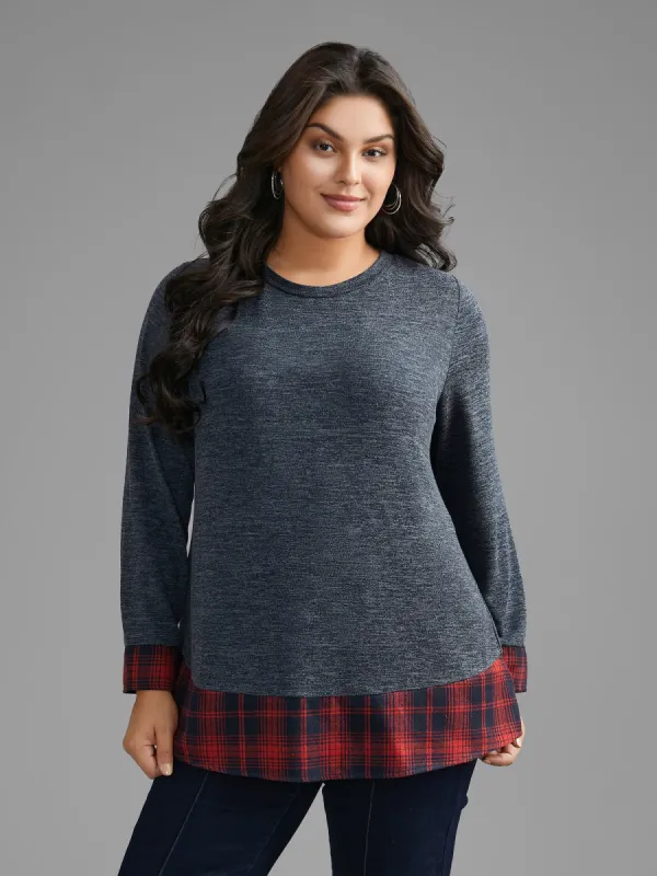 Round Neck Plaid Patchwork Heather T-shirt sold by Bloomchic
