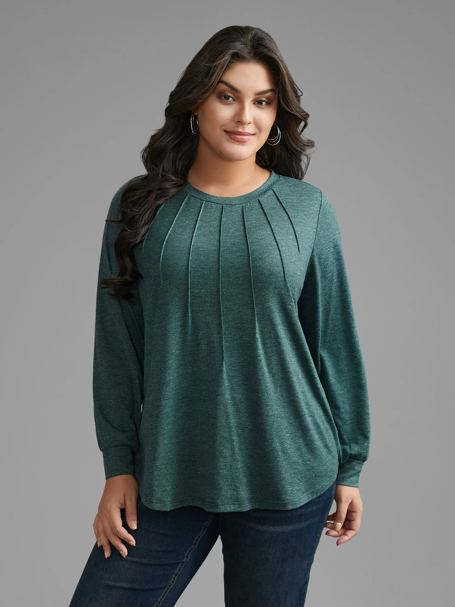 Solid Heather Round Neck Pleated T-shirt sold by Bloomchic