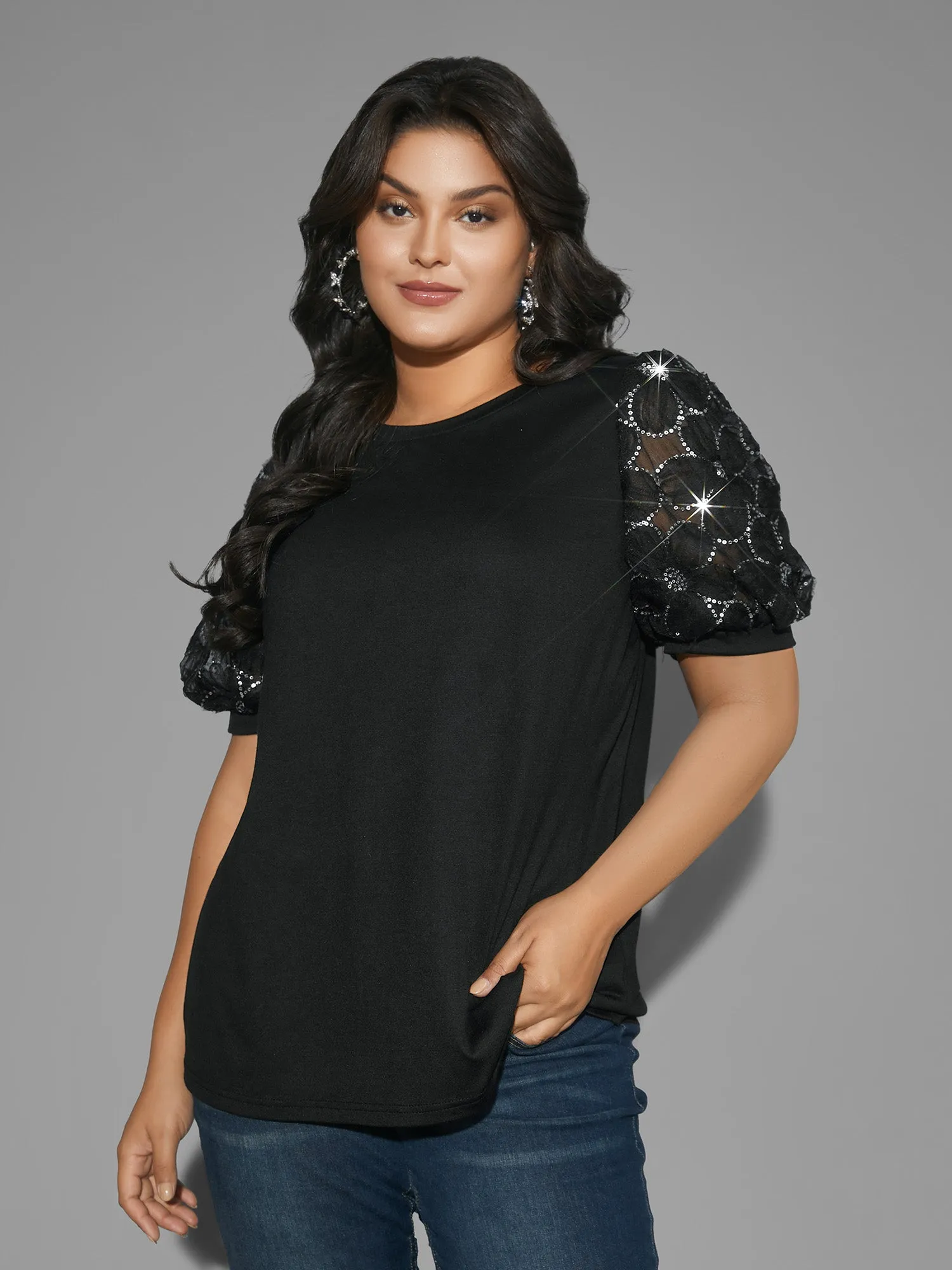 Floral Sequin Mesh Round Neck T-shirt sold by Bloomchic