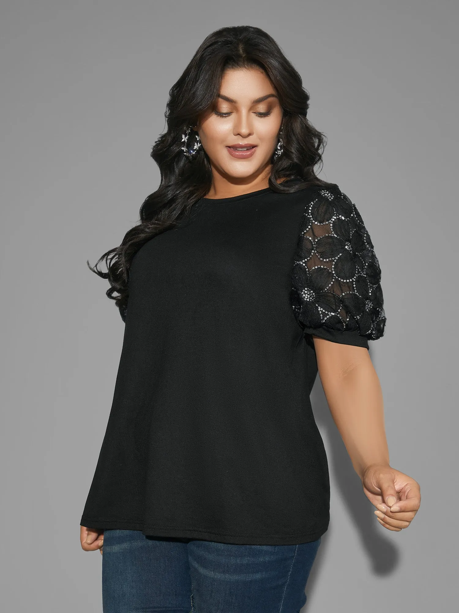 Floral Sequin Mesh Round Neck T-shirt sold by Bloomchic product image thumbnail 3