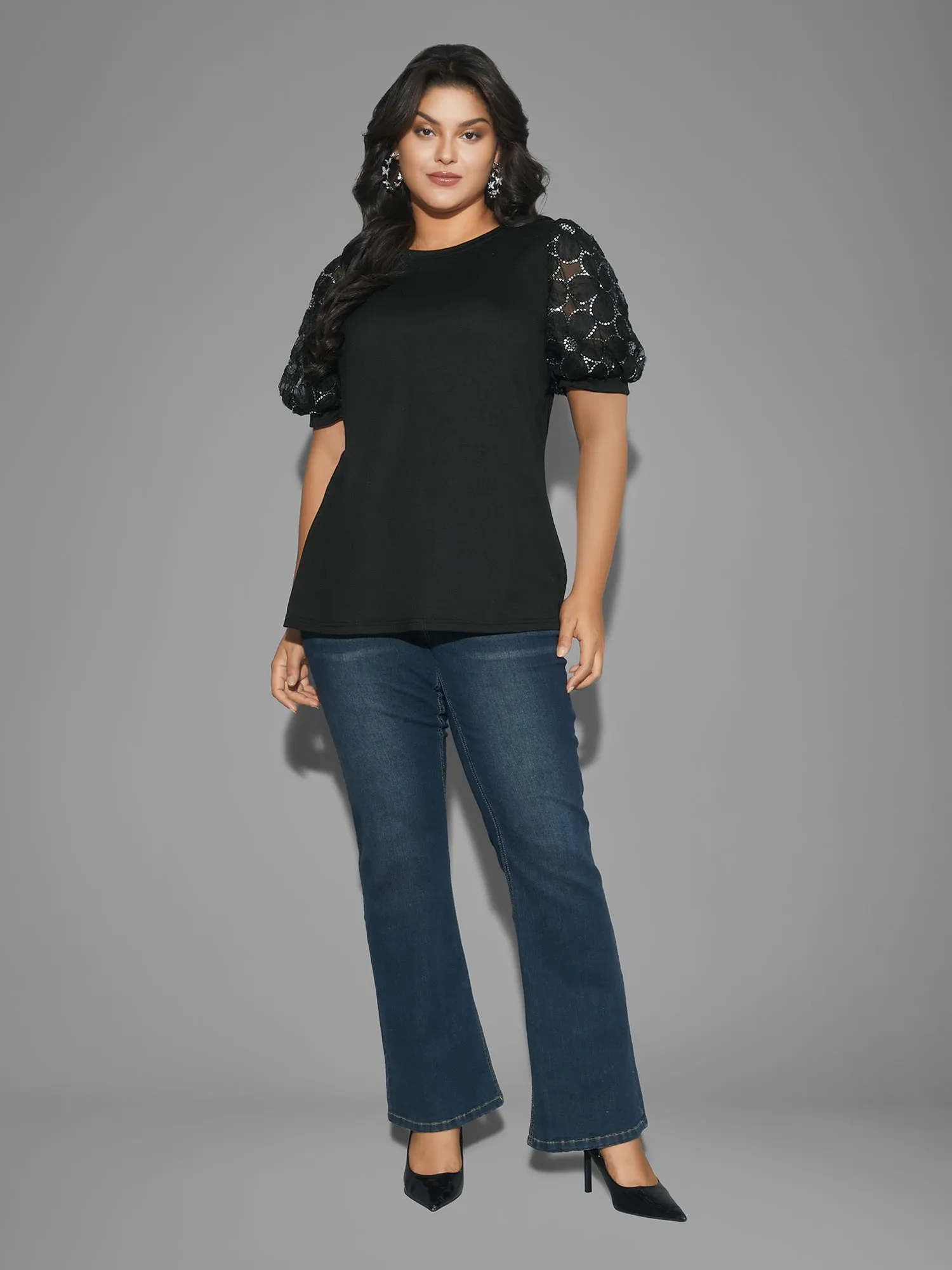 Floral Sequin Mesh Round Neck T-shirt sold by Bloomchic product image thumbnail 5
