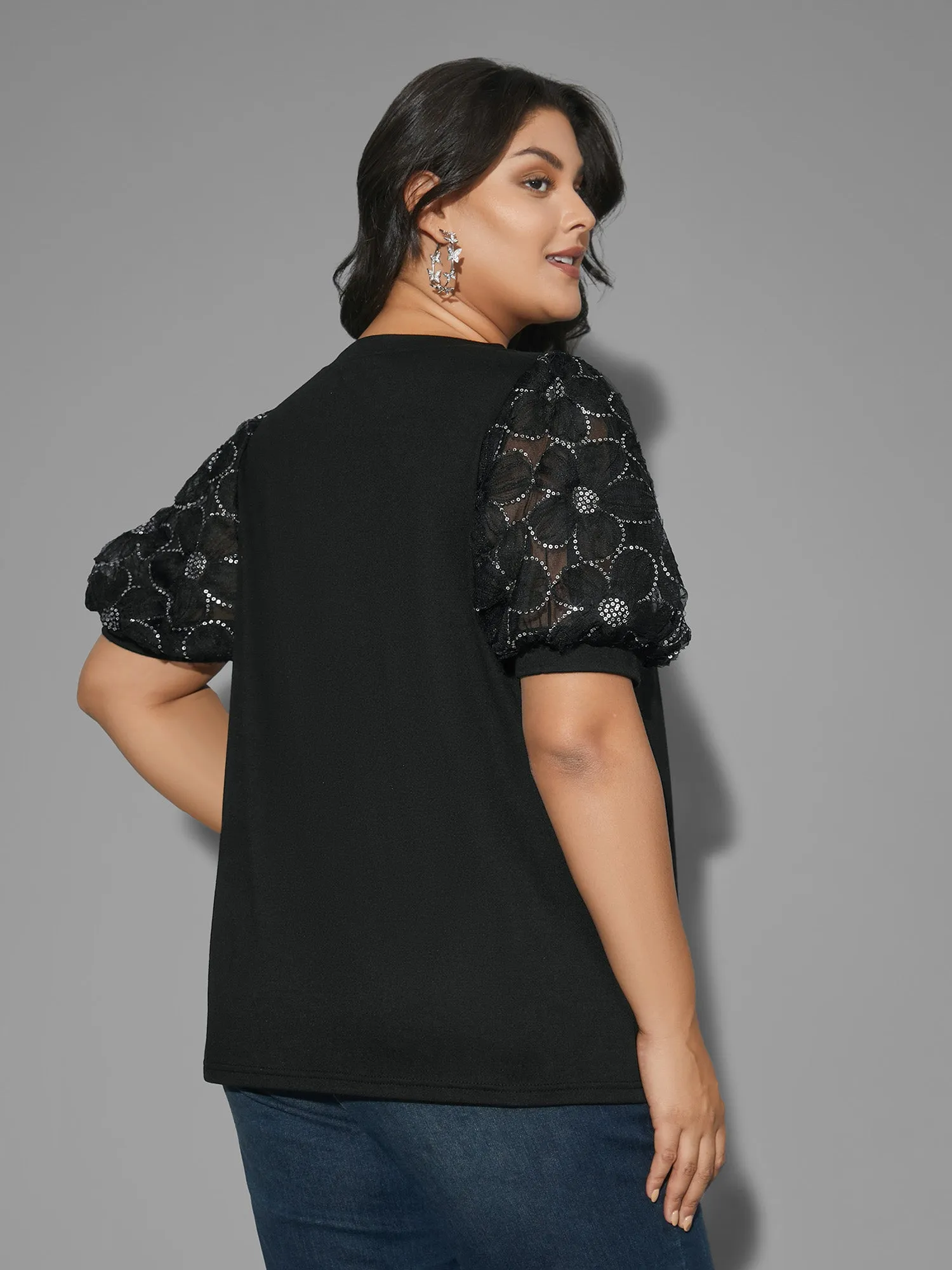 Floral Sequin Mesh Round Neck T-shirt sold by Bloomchic product image thumbnail 4