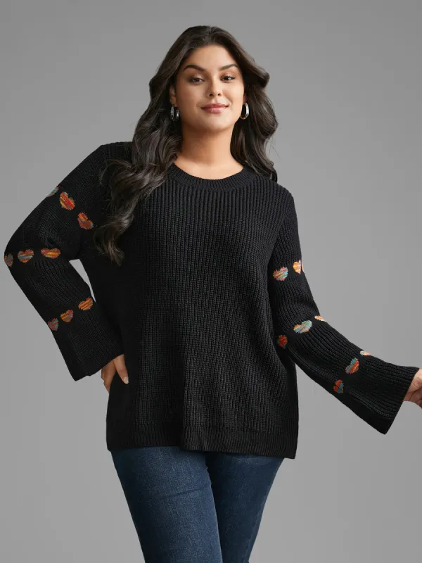 Heart Jacquard Gathered Bell Sleeve Pullover sold by Bloomchic