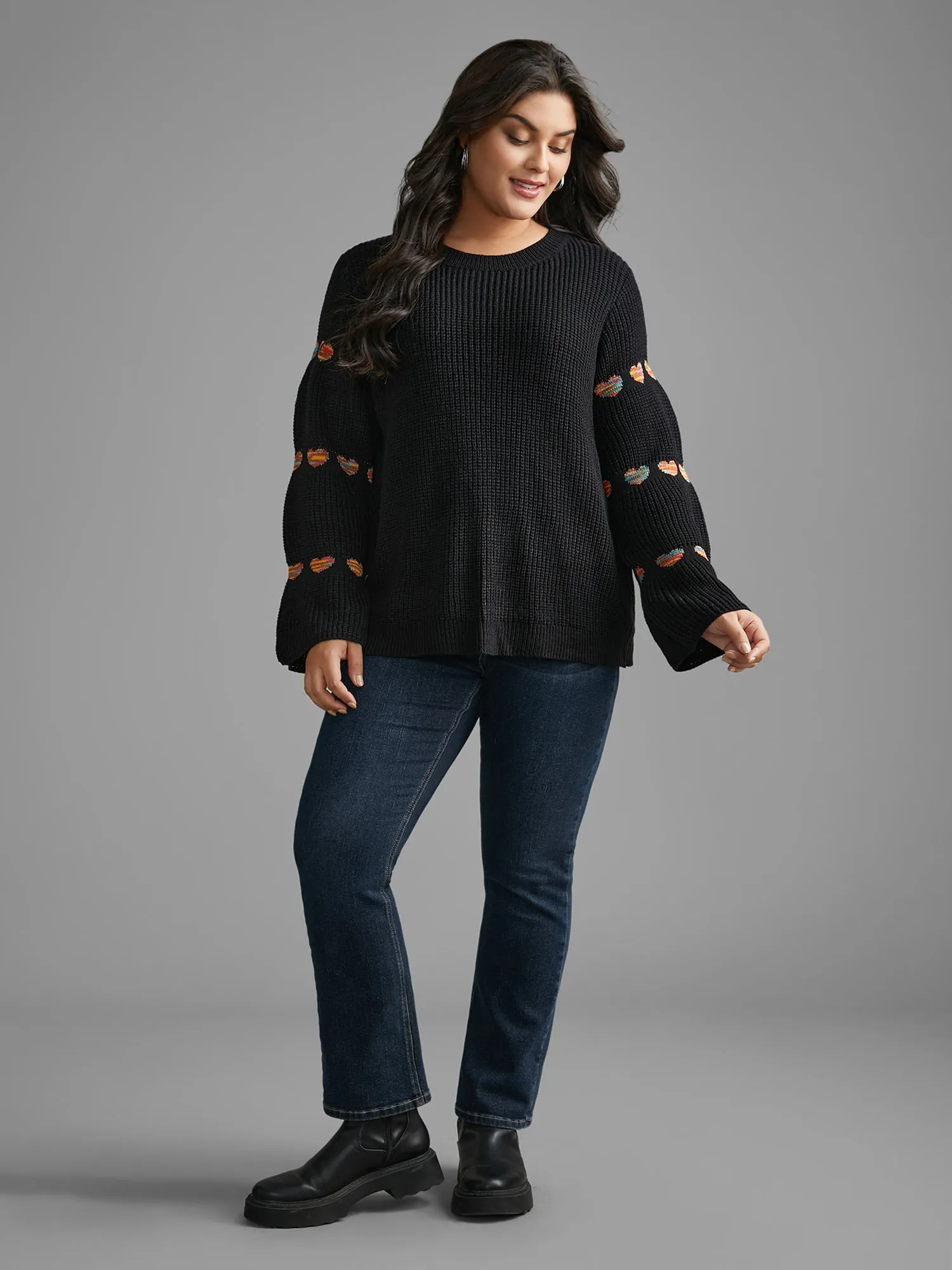 Heart Jacquard Gathered Bell Sleeve Pullover sold by Bloomchic product image thumbnail 3