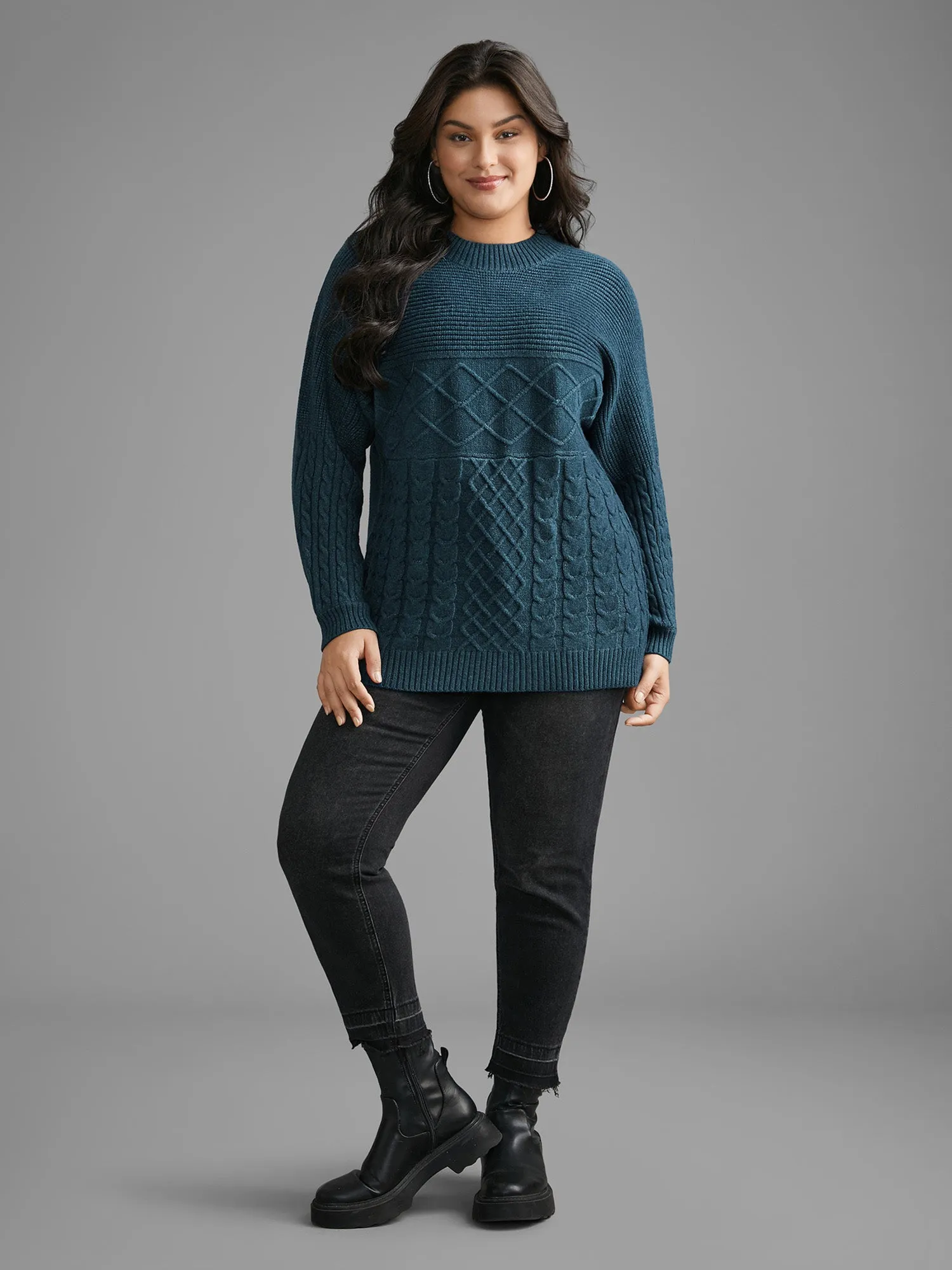 Cable Knit Texture Drop Shoulder Sleeve Pullover sold by Bloomchic product image thumbnail 3
