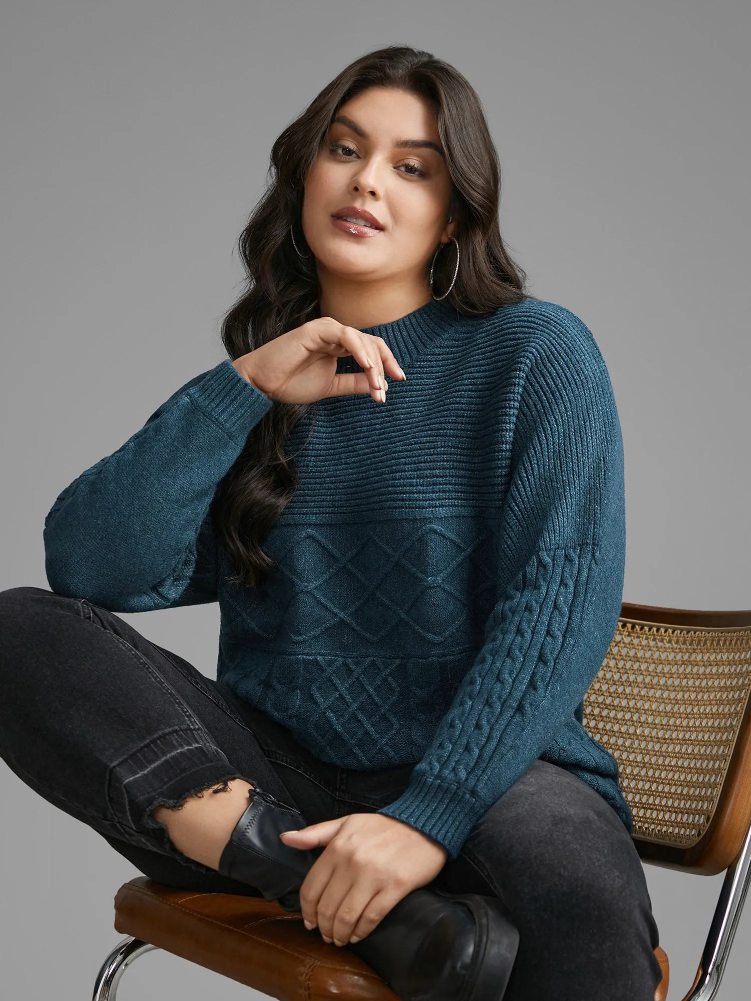 Cable Knit Texture Drop Shoulder Sleeve Pullover sold by Bloomchic product image thumbnail 4