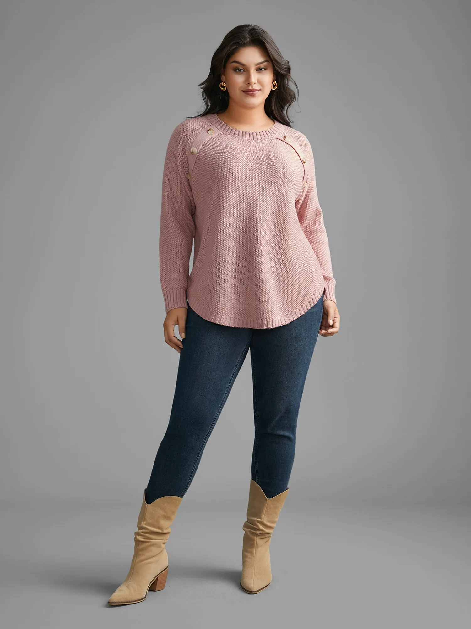 Plain Textured Button Detail Curved Hem Pullover sold by Bloomchic product image thumbnail 3