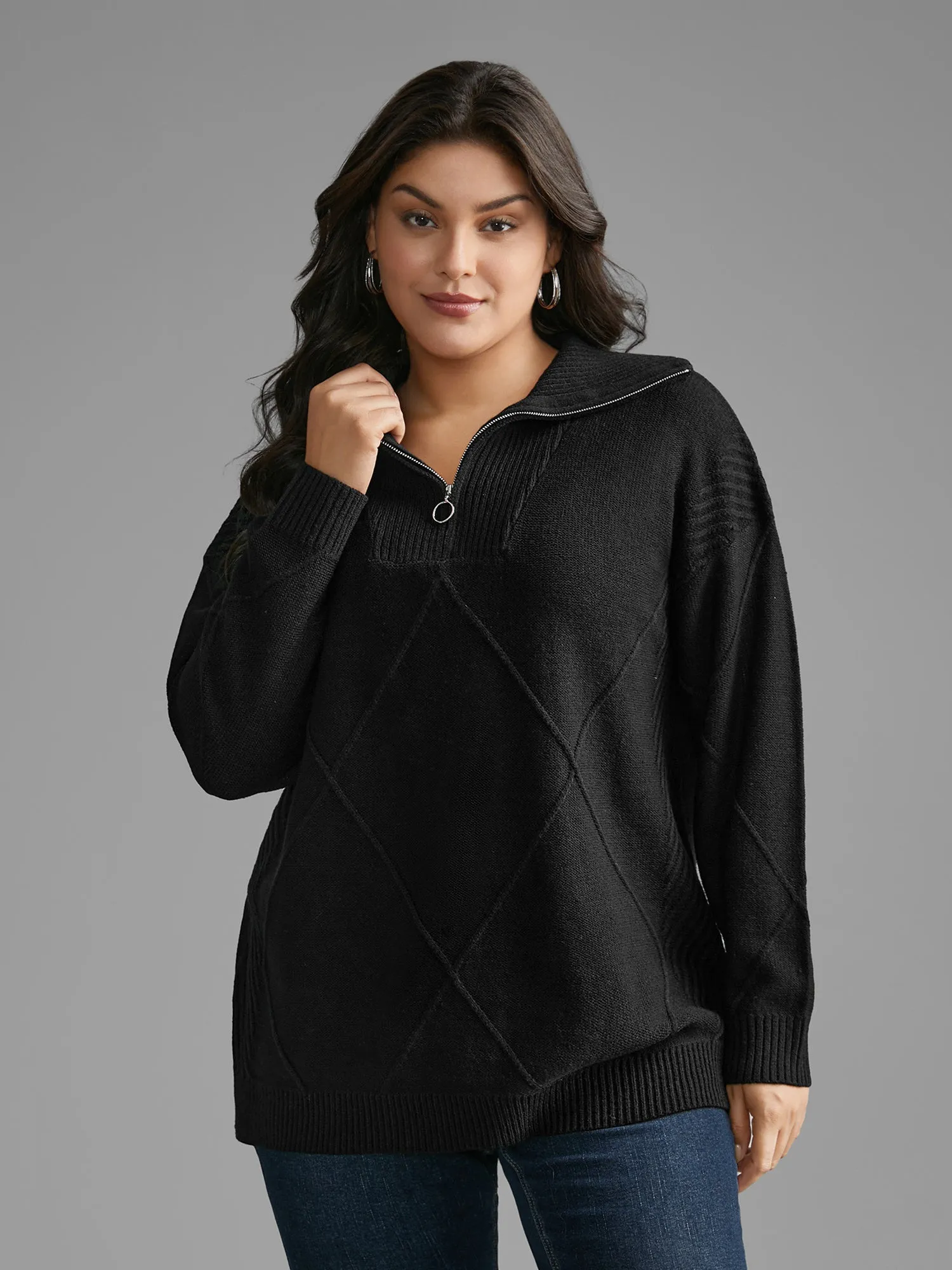 Texture Half Zip Drop Shoulder Pullover sold by Bloomchic
