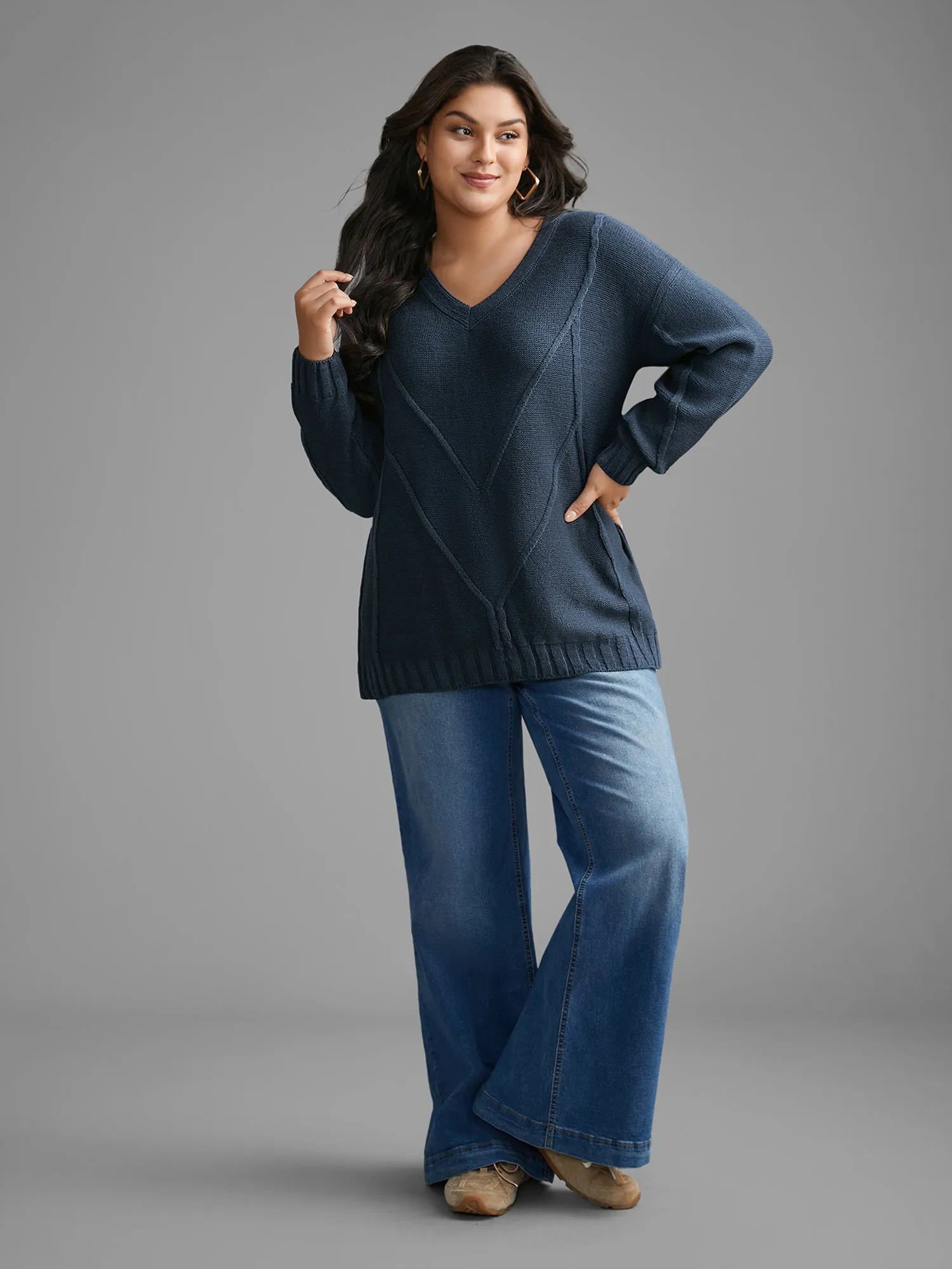 V Neck Cable Knit Texture Pullover sold by Bloomchic product image thumbnail 3