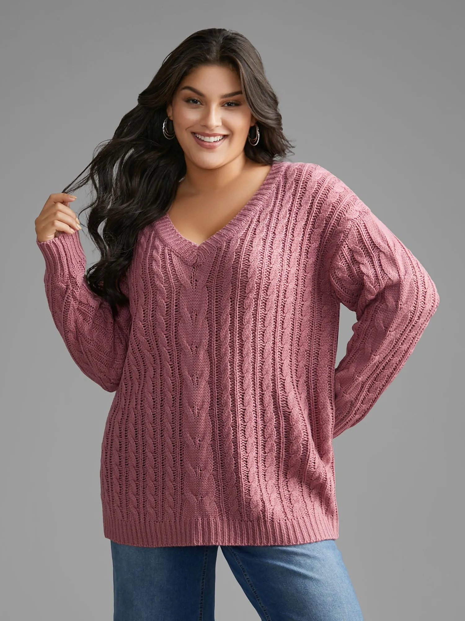 V Neck Texture Cable Knit Pullover sold by Bloomchic