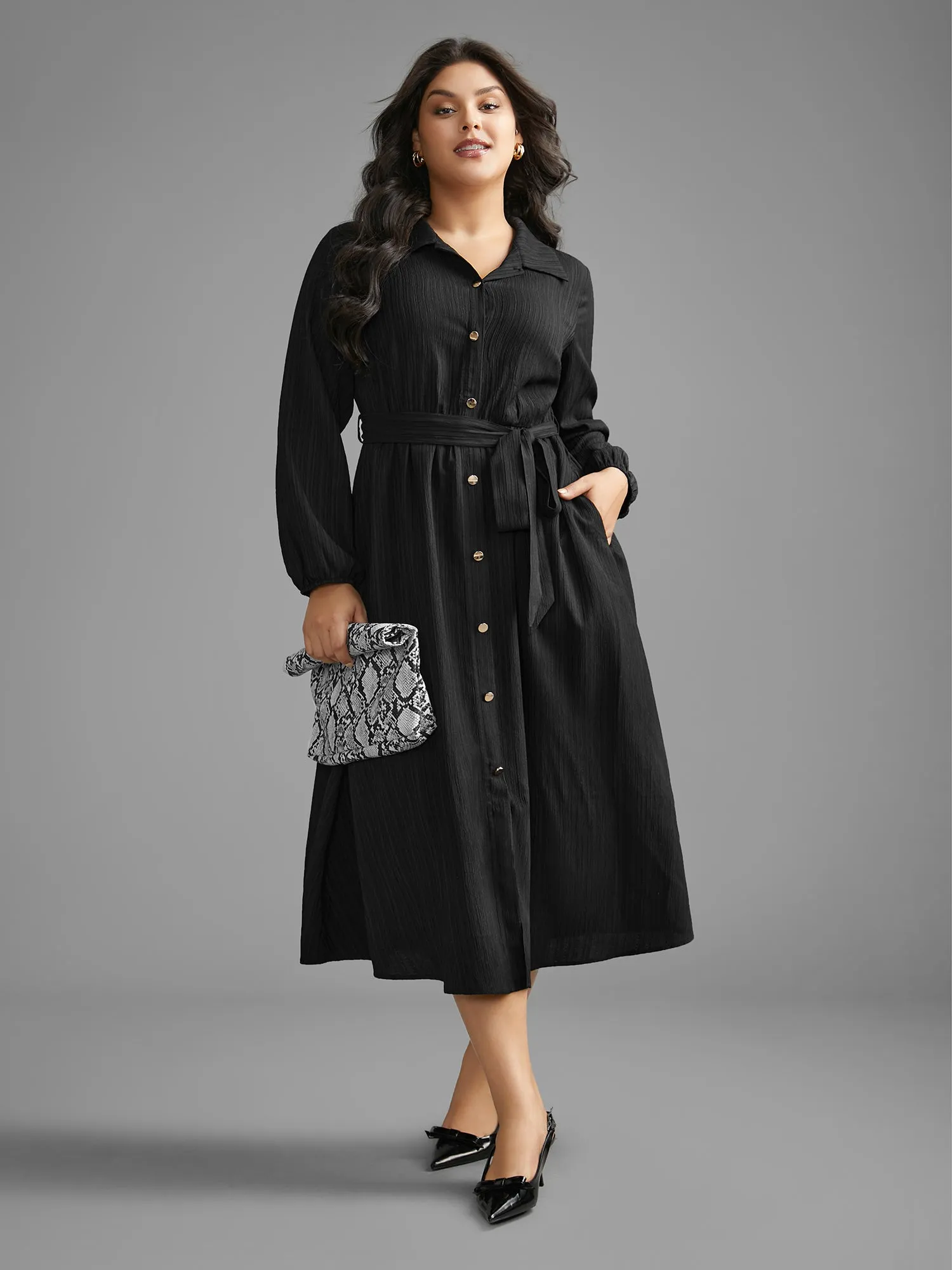 Textured Shirt Collar Button Up Dress sold by Bloomchic product image thumbnail 3