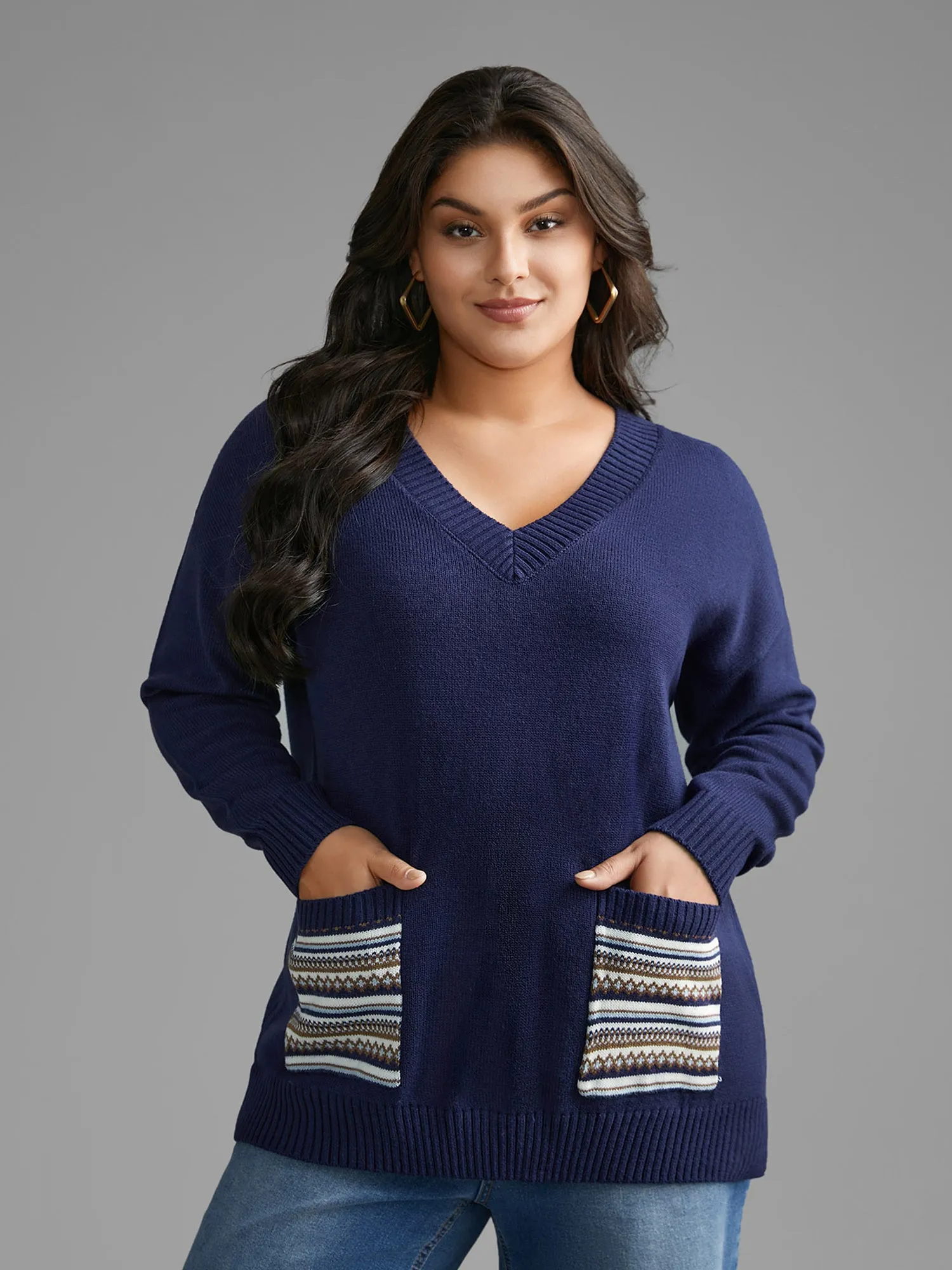 Striped Jacquard Patched Pocket Pullover sold by Bloomchic
