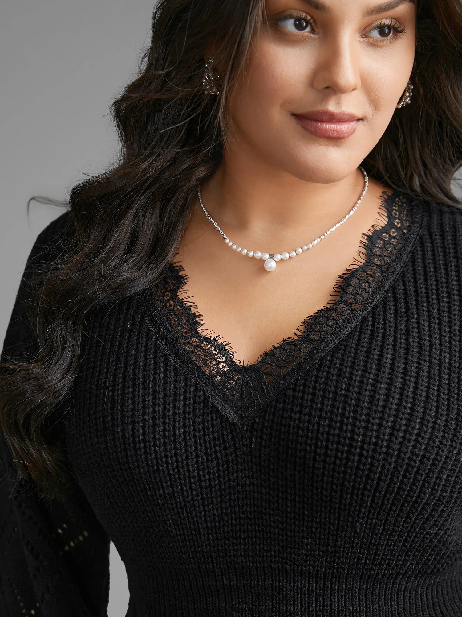 V Neck Lace Panel Lantern Sleeve Pullover sold by Bloomchic product image thumbnail 5