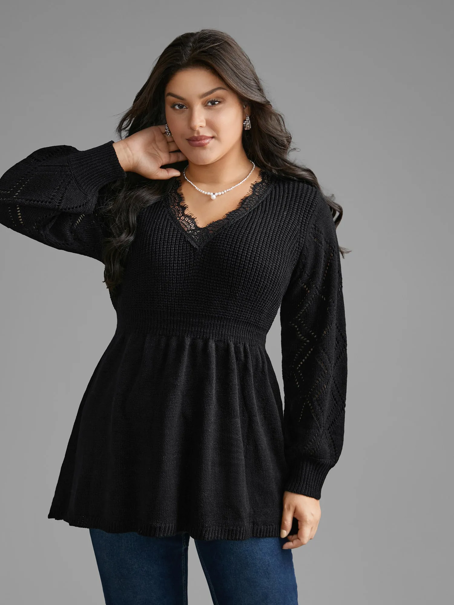 V Neck Lace Panel Lantern Sleeve Pullover sold by Bloomchic