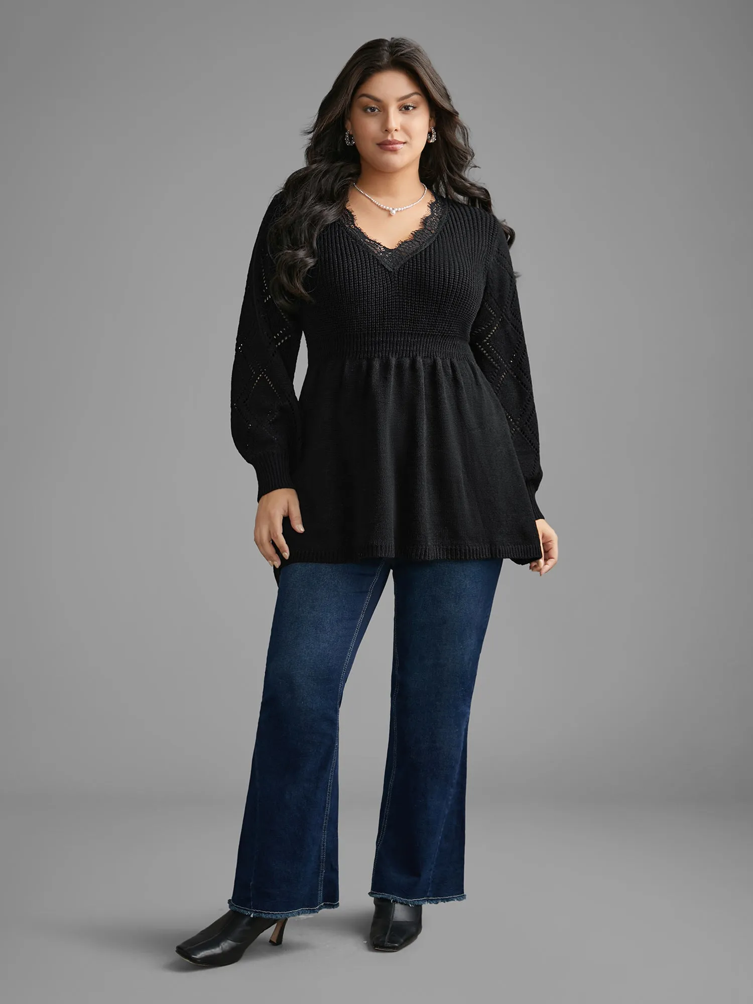 V Neck Lace Panel Lantern Sleeve Pullover sold by Bloomchic product image thumbnail 3