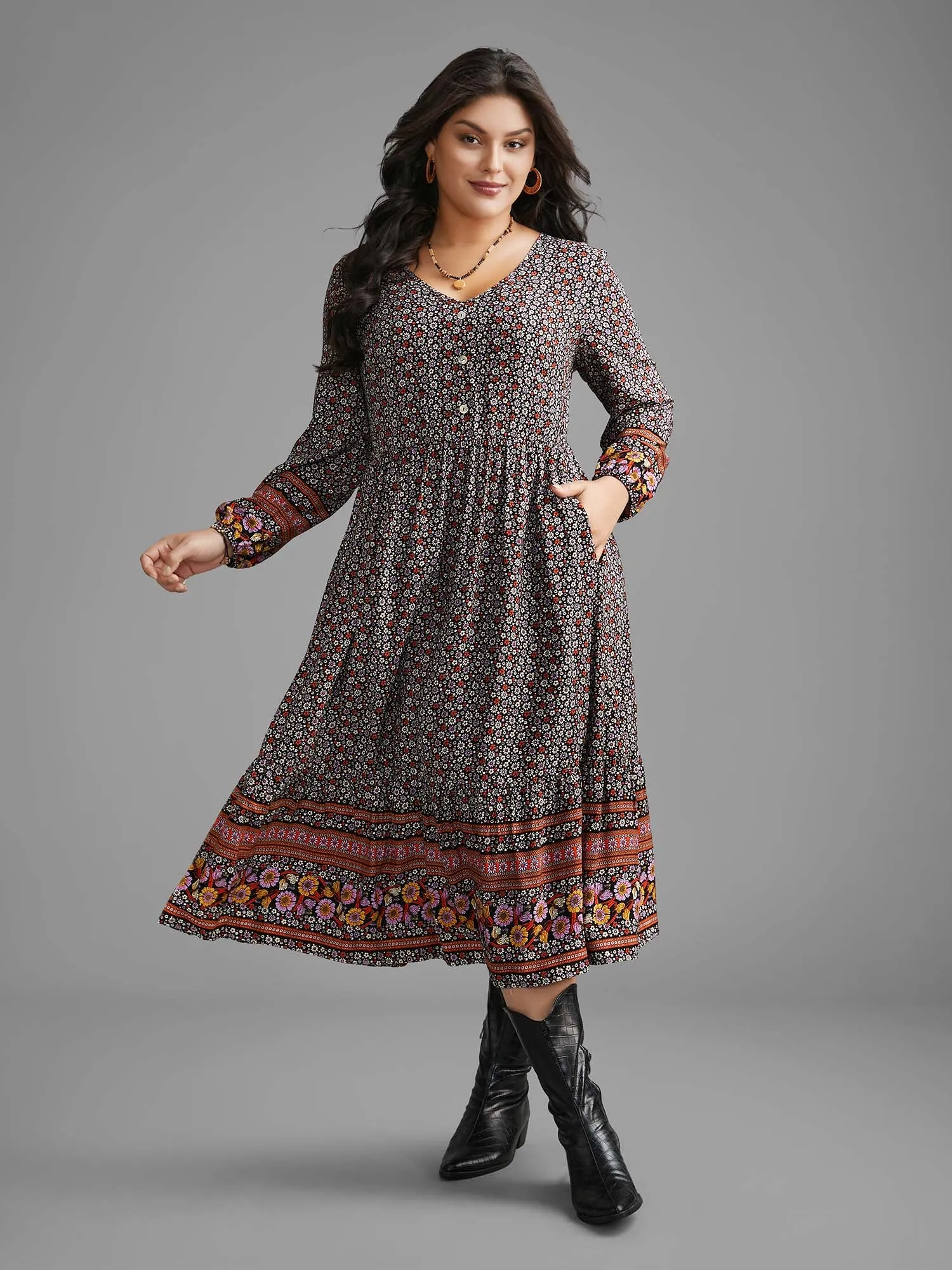 Boho Print Elastic Waist Button Detail Dress sold by Bloomchic product image thumbnail 4