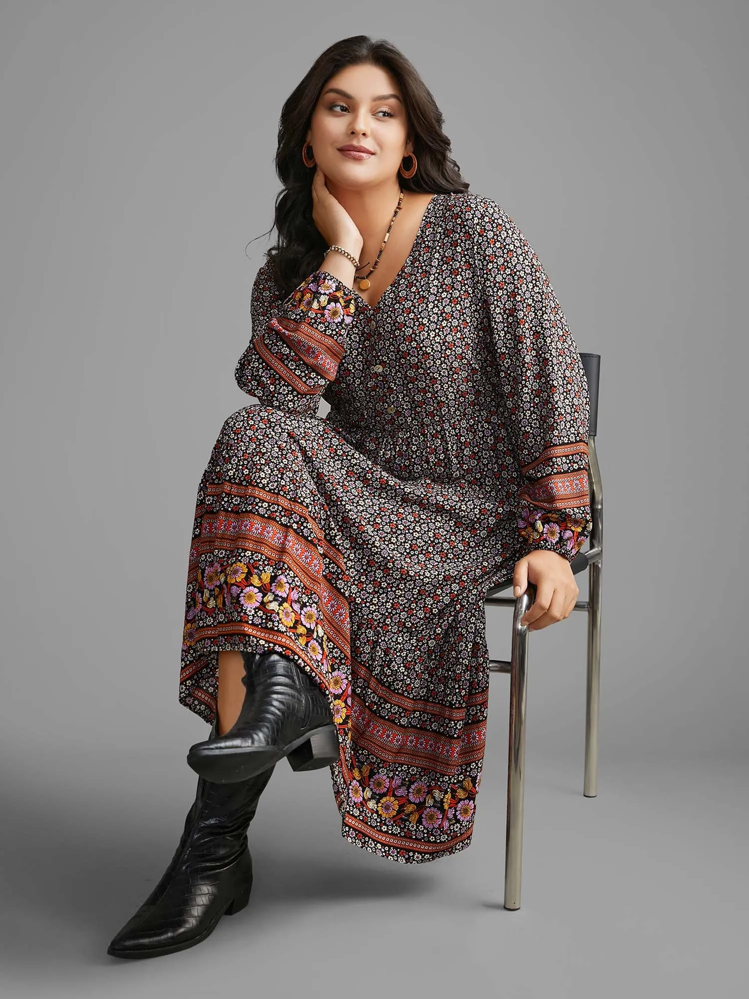 Boho Print Elastic Waist Button Detail Dress sold by Bloomchic product image thumbnail 3