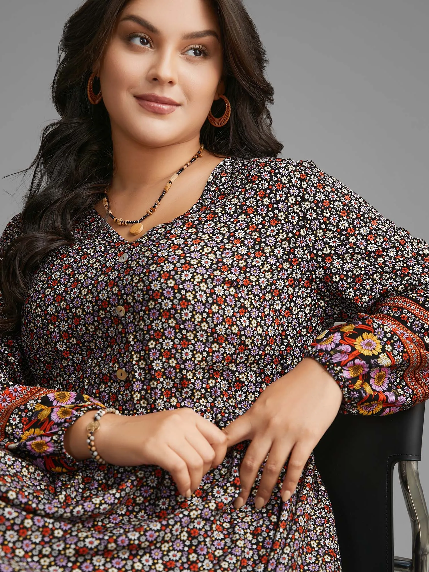 Boho Print Elastic Waist Button Detail Dress sold by Bloomchic product image thumbnail 2