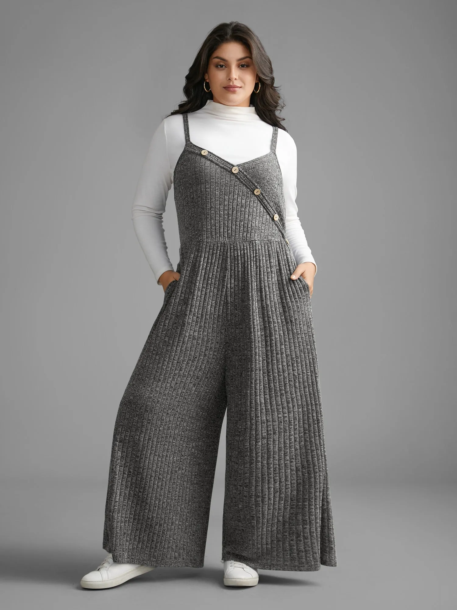 Plain Rib Knit Button Detail Jumpsuit sold by Bloomchic product image thumbnail 4