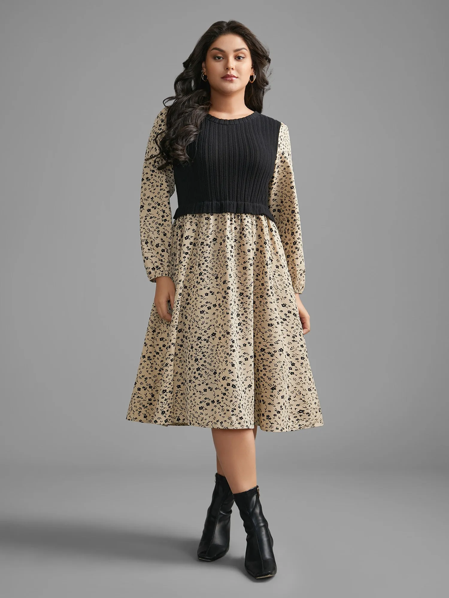 Ditsy Floral Texture Patchwork Midi Dress sold by Bloomchic