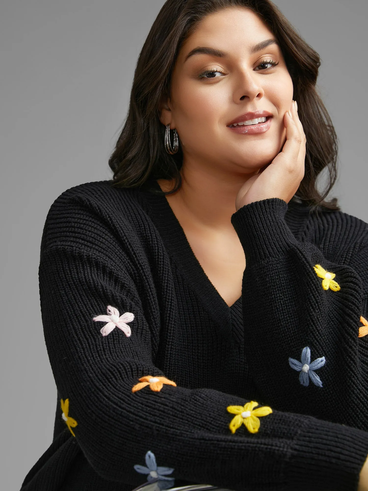 V Neck Crochet Floral Drop Shoulder Pullover sold by Bloomchic