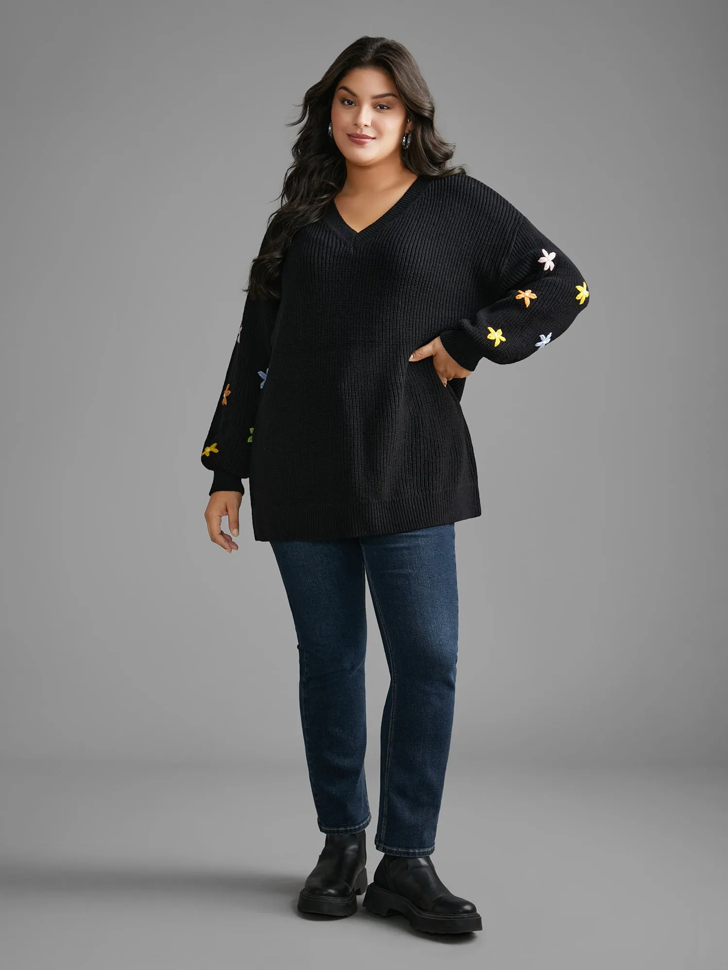 V Neck Crochet Floral Drop Shoulder Pullover sold by Bloomchic product image thumbnail 3