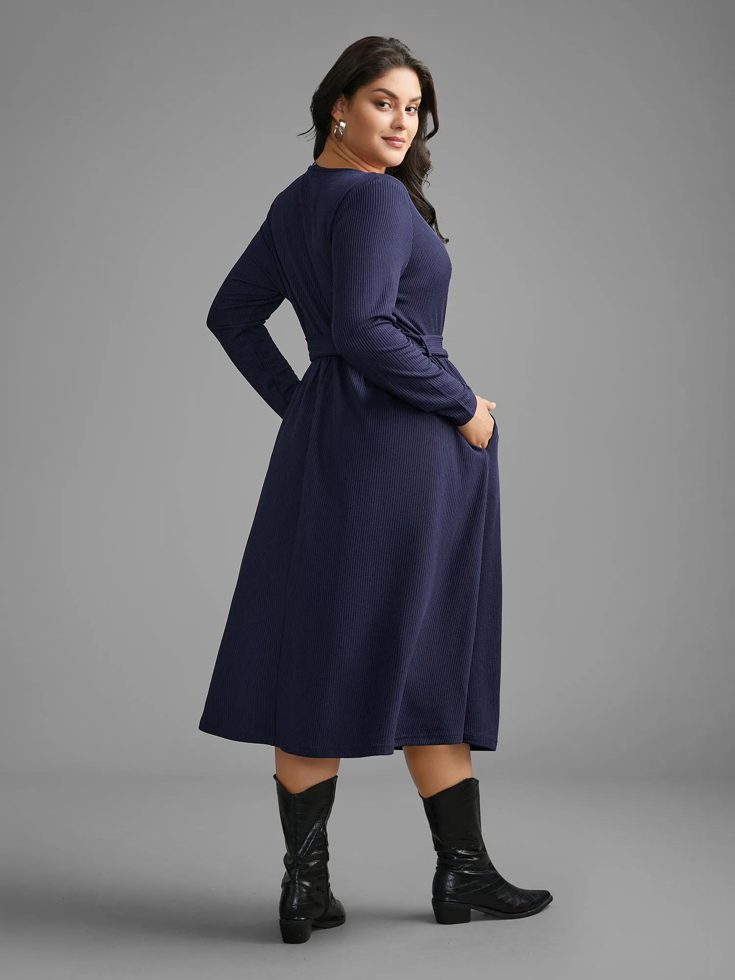 Solid Overlap Collar Belted Knit Dress sold by Bloomchic product image thumbnail 4