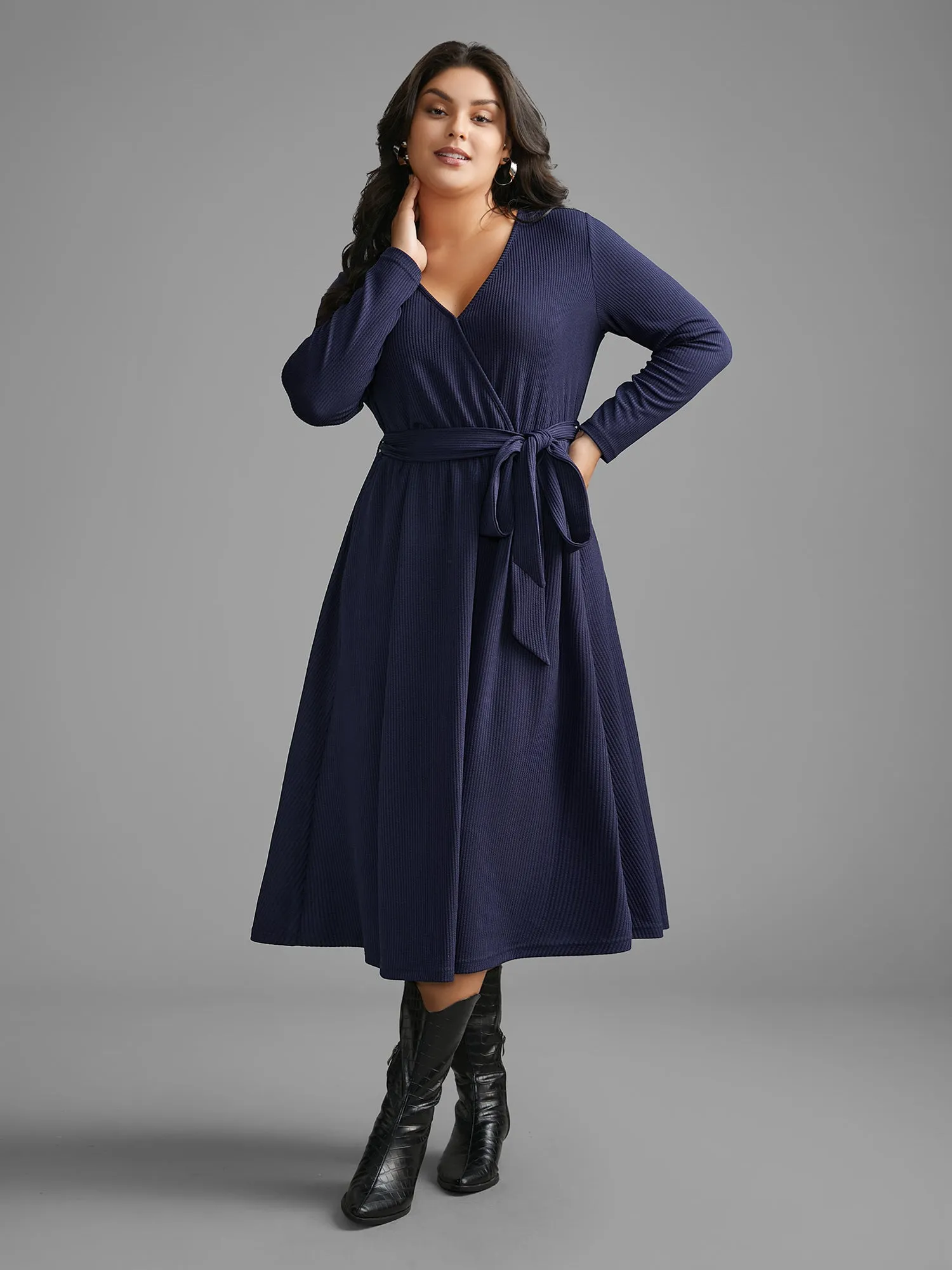 Solid Overlap Collar Belted Knit Dress sold by Bloomchic product image thumbnail 3