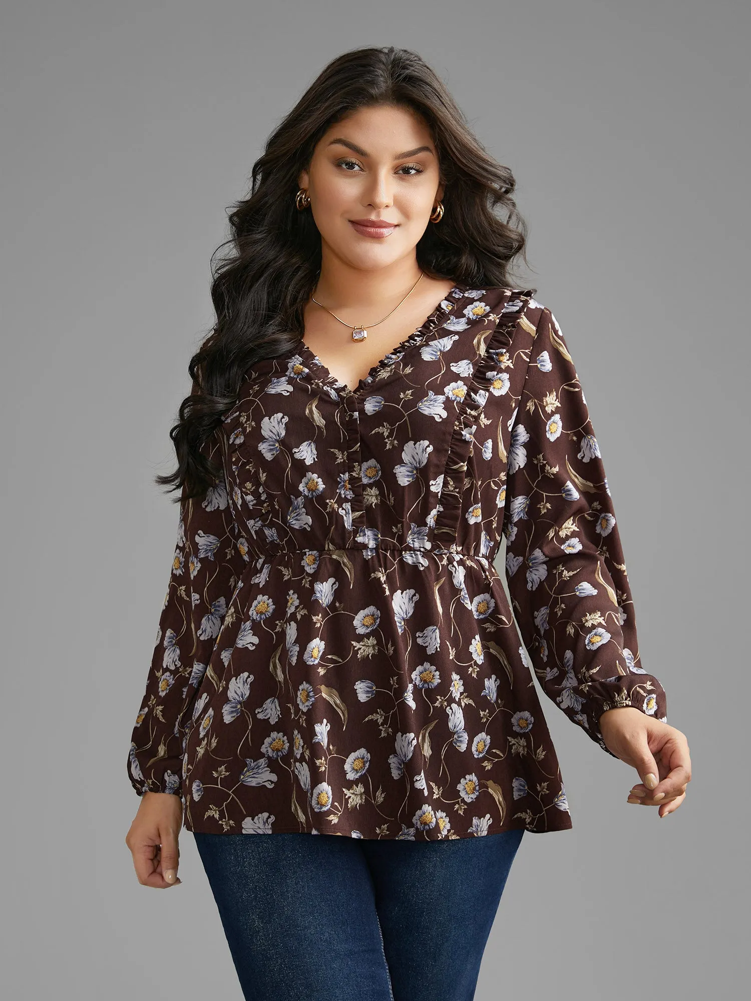 Floral Lantern Sleeve Frill Trim Blouse sold by Bloomchic